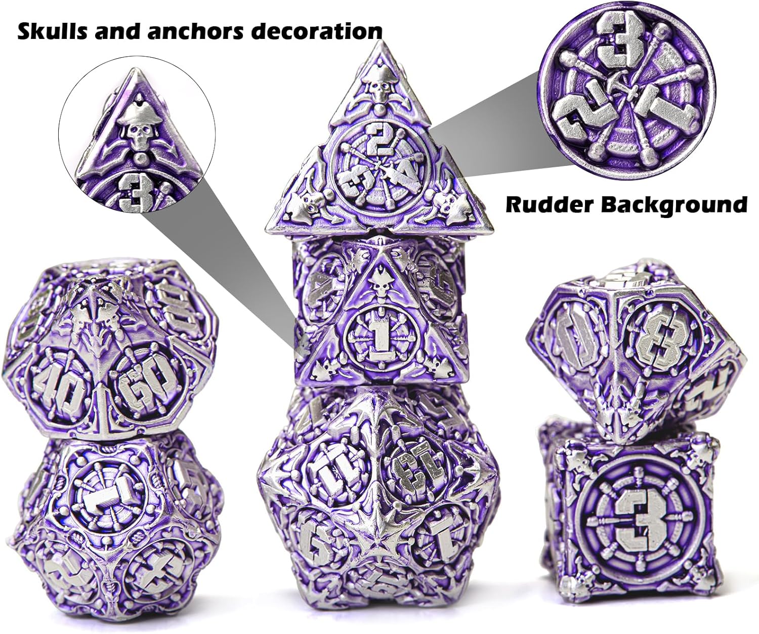DND – Juego de dados de metal con caja, coloridos dados de pirata DND de 7 piezas para regalos RPG D&D Dungeons and Dragons (morado plateado)