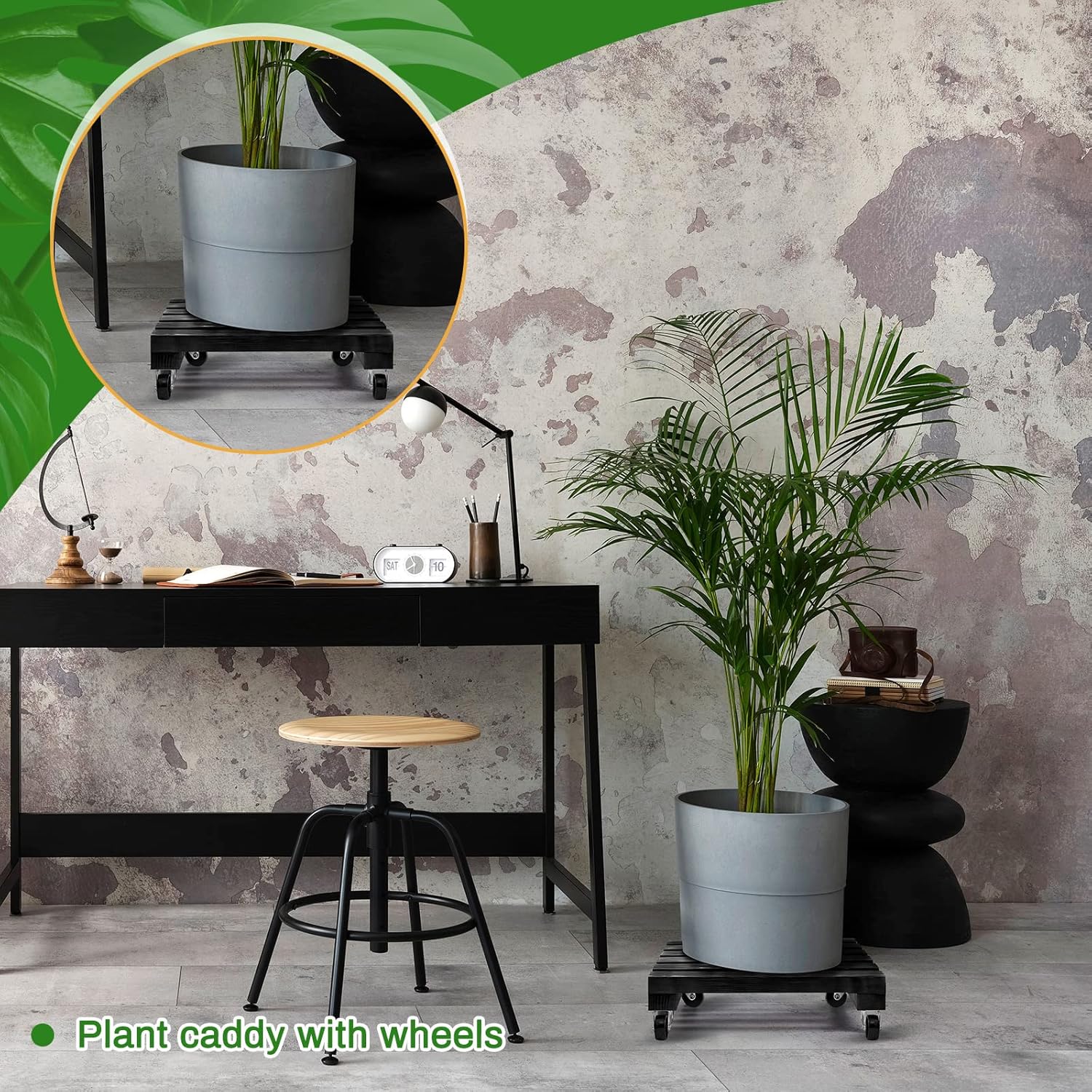 Taiyin Paquete de 4 soportes para plantas de 14 pulgadas con ruedas bloqueables, soporte rodante resistente para plantas de 220 libras, base de