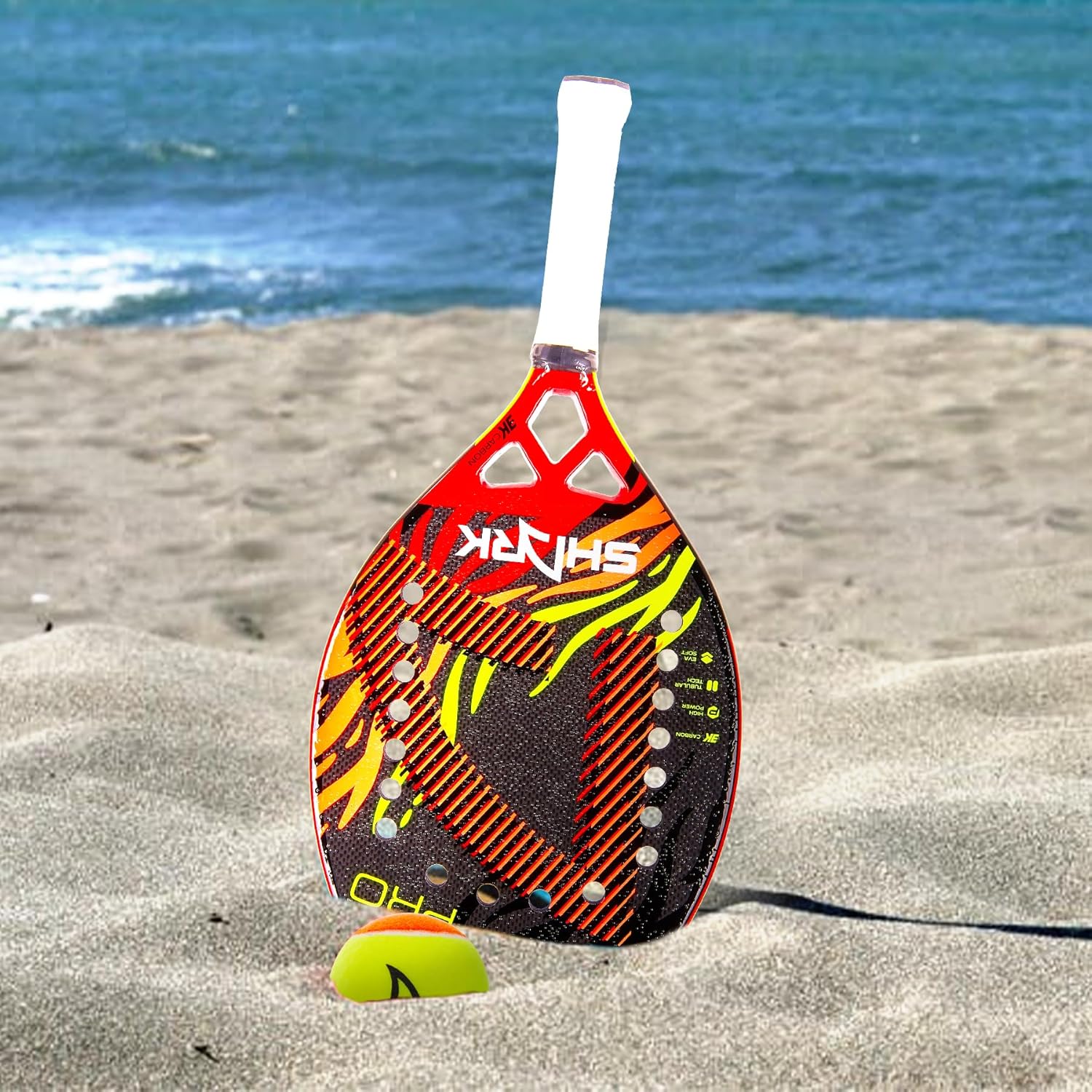 Shark Tiger – Raqueta profesional de tenis de playa  Marco de fibra de carbono 3K  0.866 pulgadas de grosor  Cara de microgránulos  para jugadores