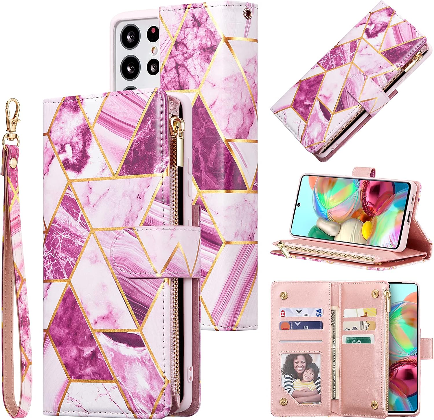 UEEBAI Funda tipo cartera para Samsung Galaxy S22 Ultra 5G, piel sintética de alta calidad, cierre magnético, bolsillo con cremallera, ranuras para