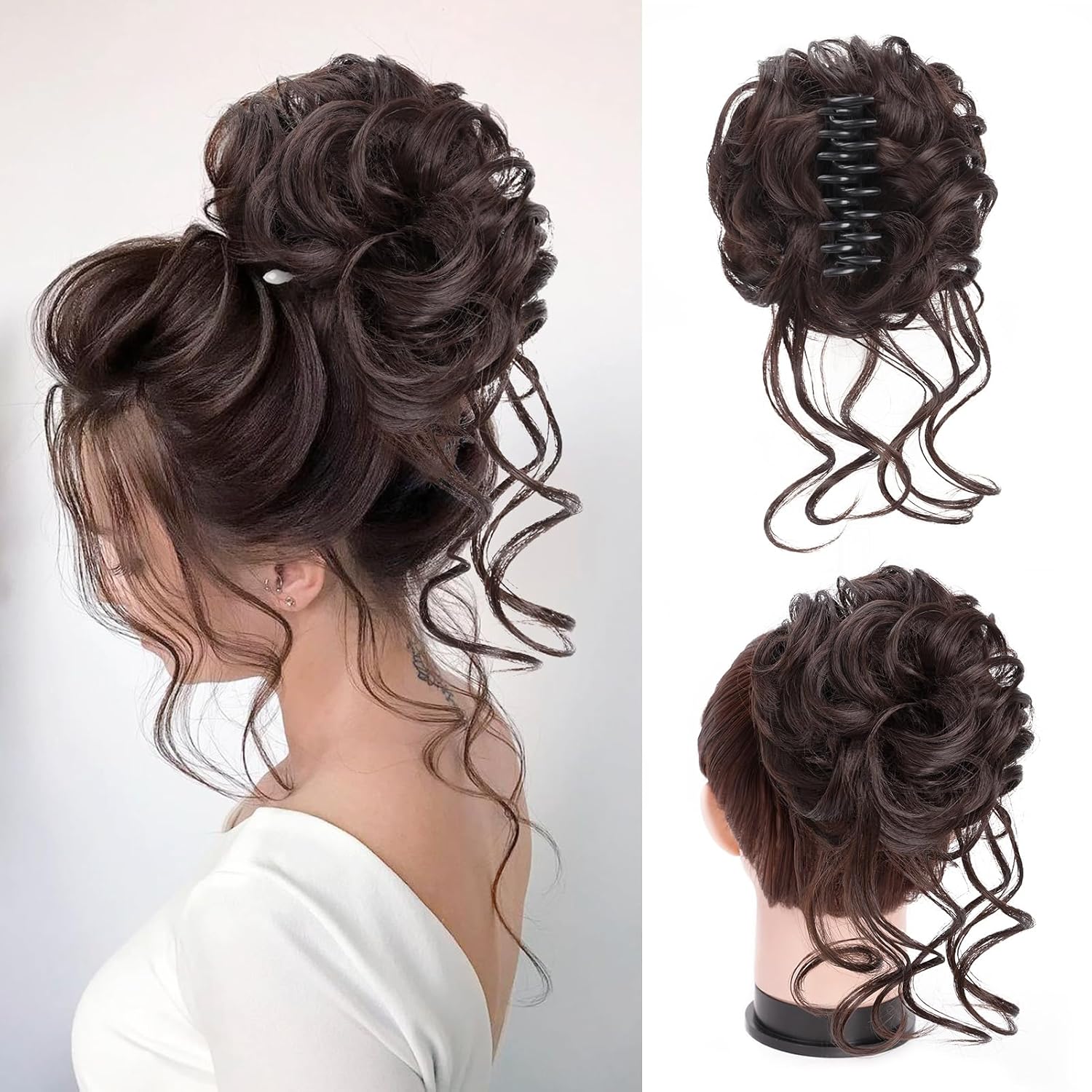 Extensiones de cabello con clip de moño desordenado para mujer, extensiones de cabello castaño con clip de garra para mujer, extensiones de cabello