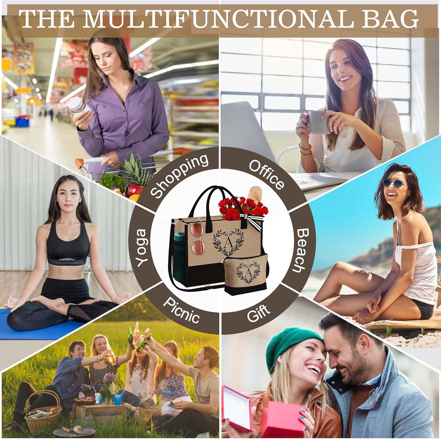 Regalos personalizados para mujeres, bolsa de yute con inicial con bolsa de maquillaje, regalos para mujeres, mamá, novia, cumpleaños, Amarillo,