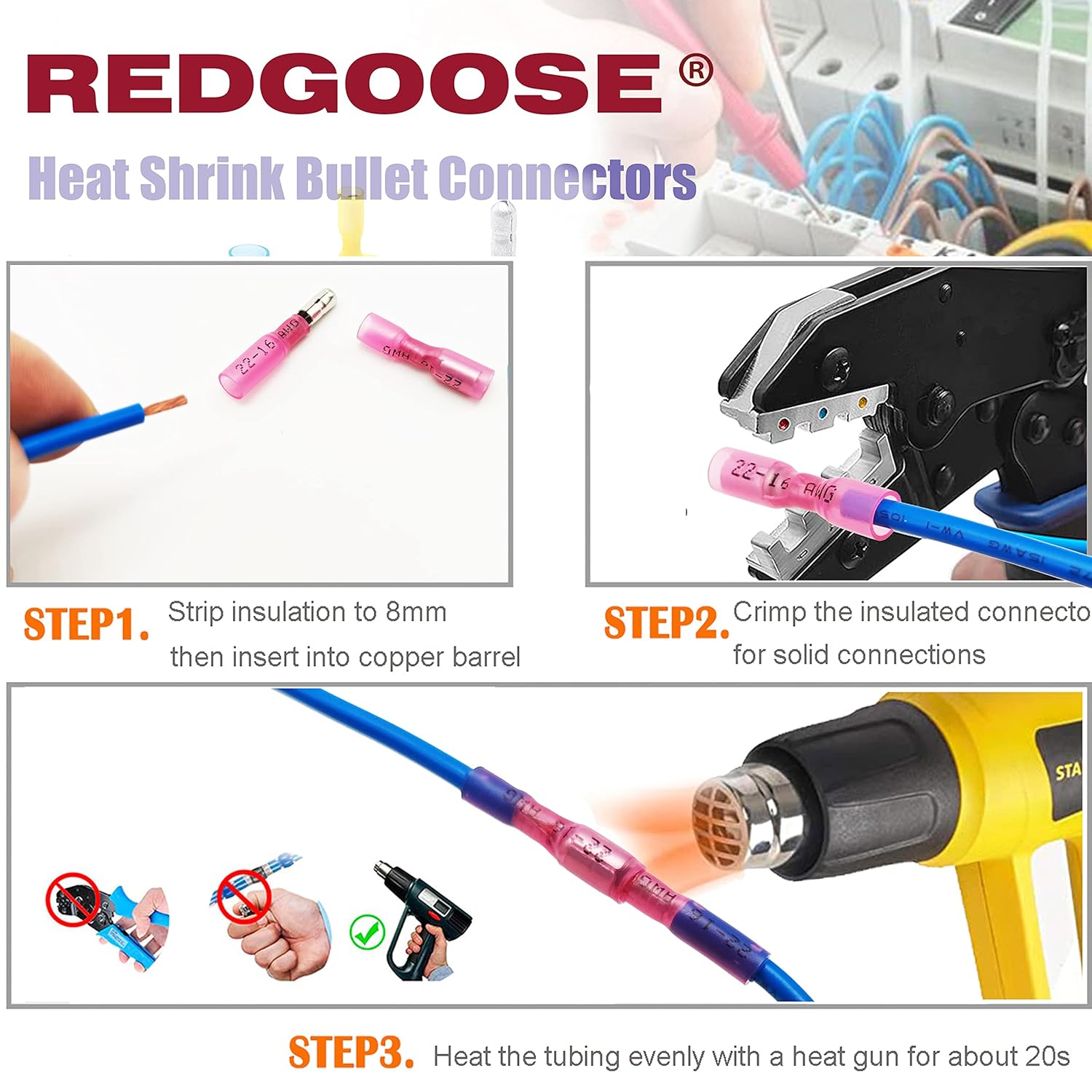 REDGOOSE 100 conectores de bala termorretráctiles calibre 22-10, aislados, impermeables, eléctricos, marinos, automotrices, hembras y machos, kit