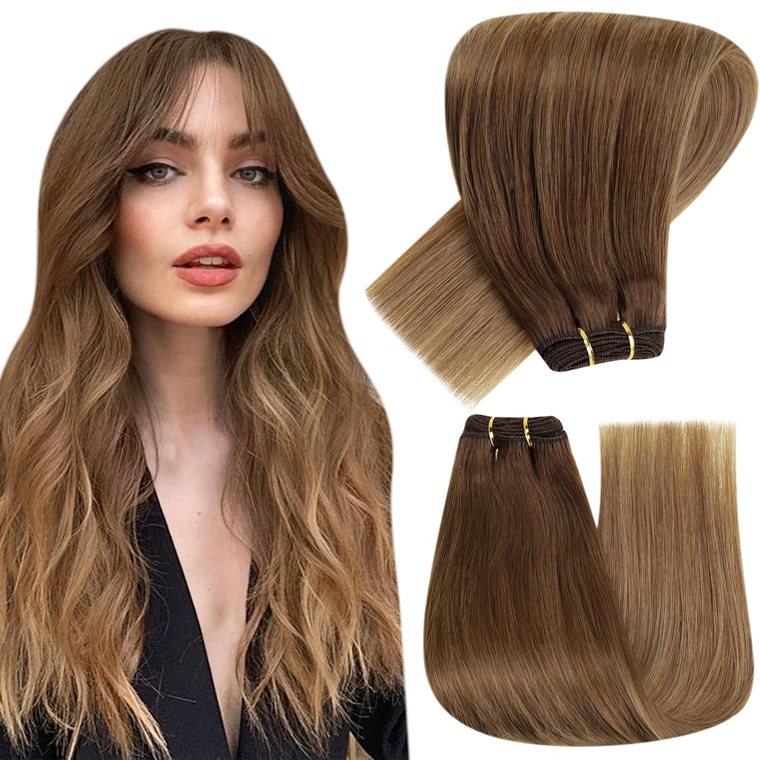 Hetto Extensiones de cabello humano real Remy para coser, 20 pulgadas, 3.53 oz (3.53 oz), color marrón #6 a #8 castaño miel con #14 rubio oscuro