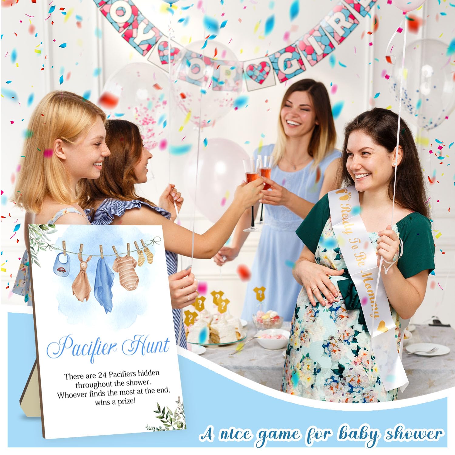 Juegos de baby shower, juego de caza de chupetes, juegos para baby shower o revelación de género, letrero de caza de chupete de madera, 50 chupetes