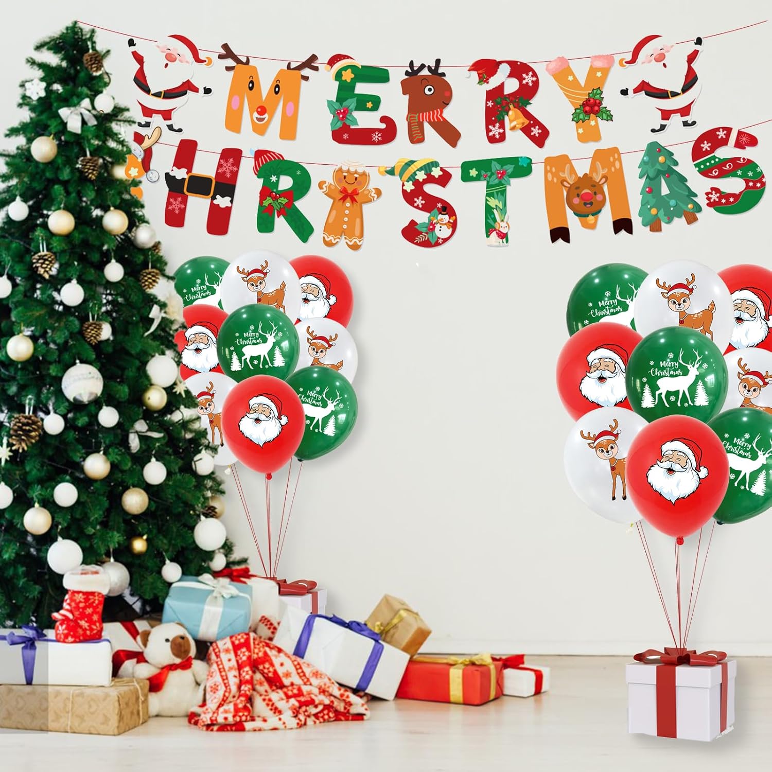 Juego de 61 piezas de decoración de Navidad, suministros de decoración de fiesta de Navidad, pancarta de decoración de Navidad, globo de Papá Noel,