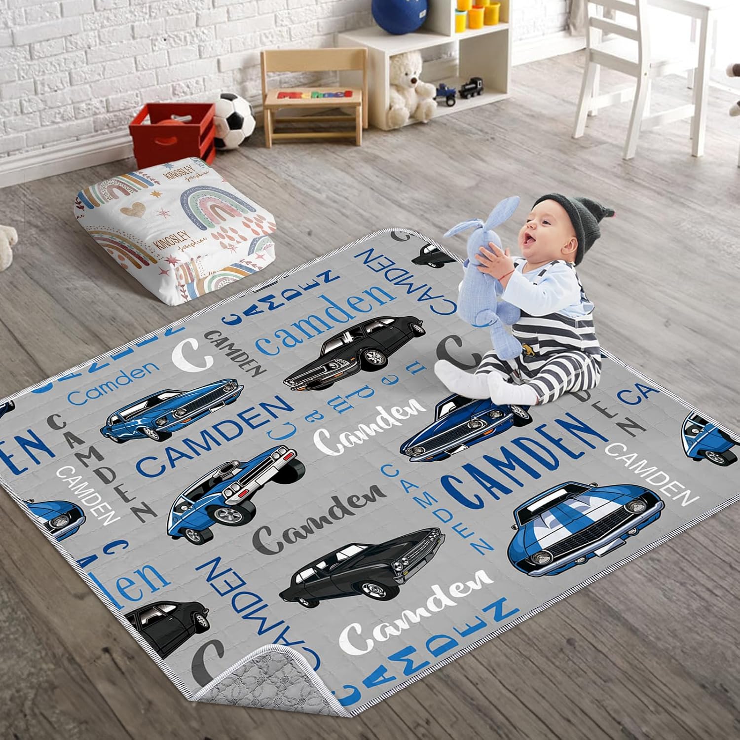 Tapete personalizado para gatear bebé, tapete de juego de automóvil para niños pequeños  43 x 43 pulgadas con nombre personalizado