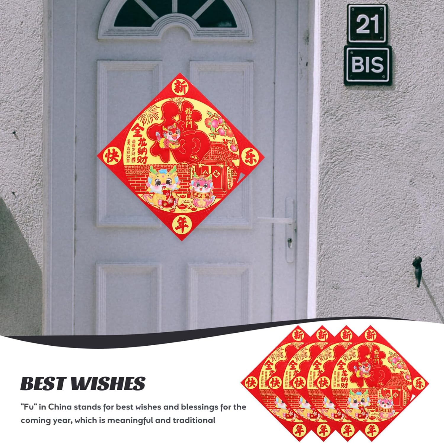 BESTOYARD Pegatinas de Año Nuevo Chino Bendición Puerta Adhesivo 4pcs Fu Carácter Pared Pegatina Festival de Primavera Adhesivos Calcomanía 2024 Año