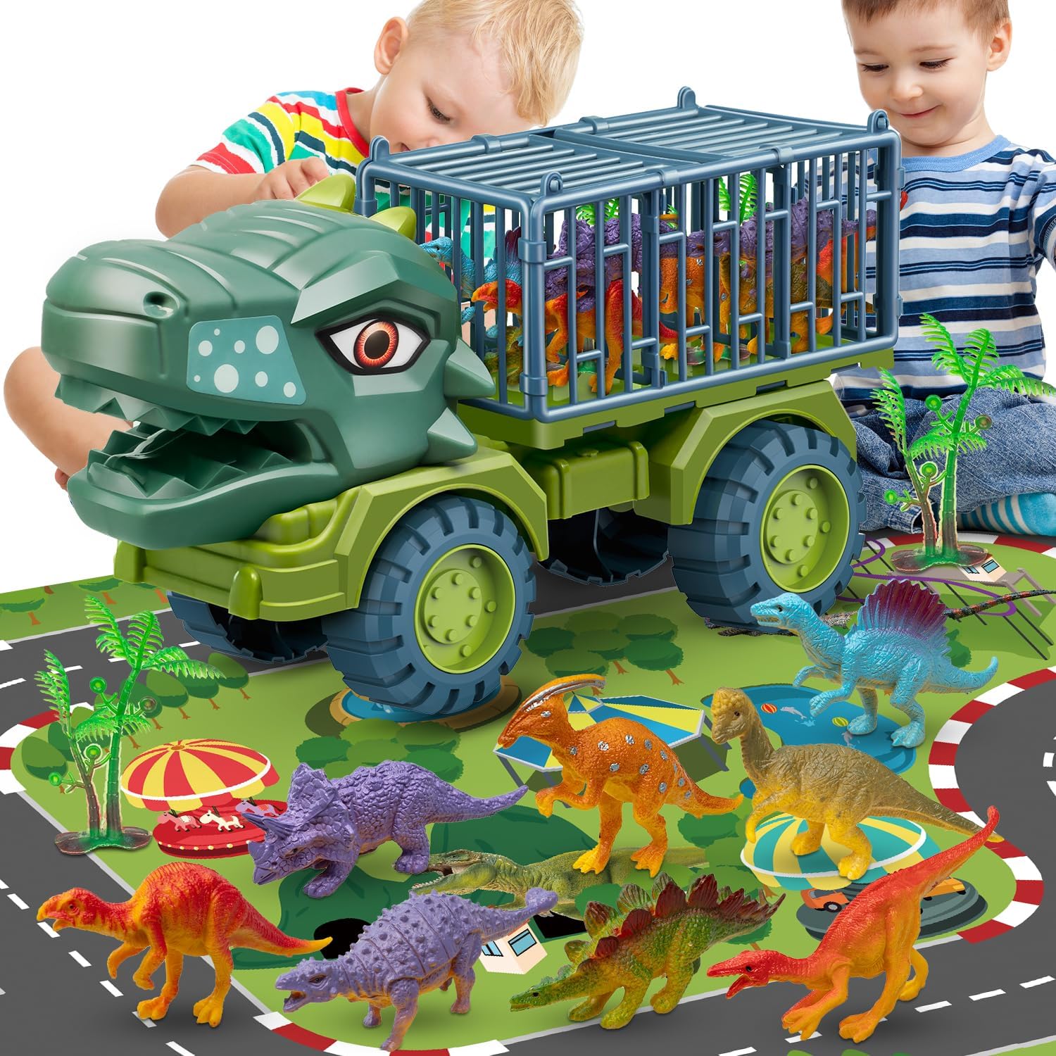 Juguetes de camión de dinosaurios para niños de 3 a 5 años, vehículo de transporte de tiranosaurio con 8 figuras de dinosaurios, juguetes de