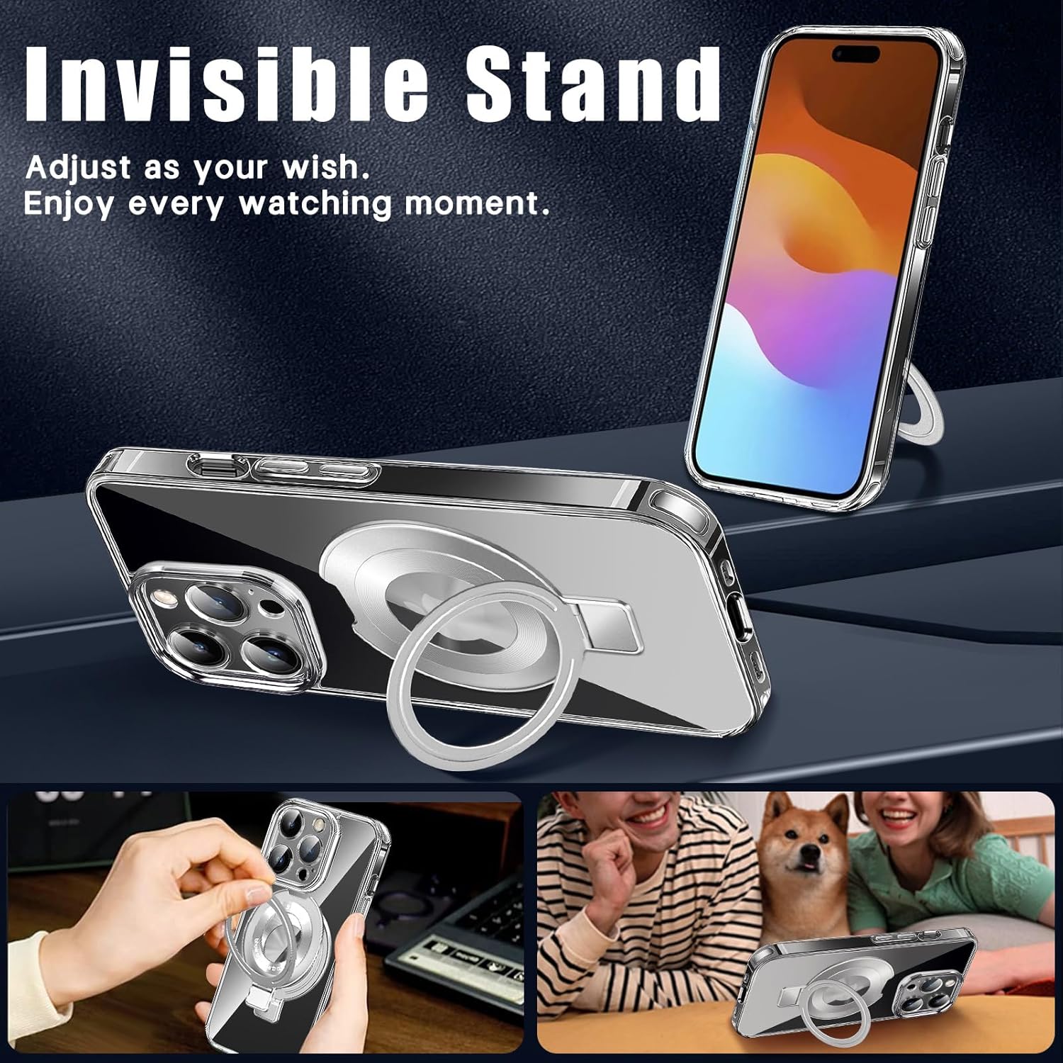 Funda transparente para iPhone 15 Pro Max con soporte de anillo magnético invisible, compatible con MagSafe, protección contra caídas de grado