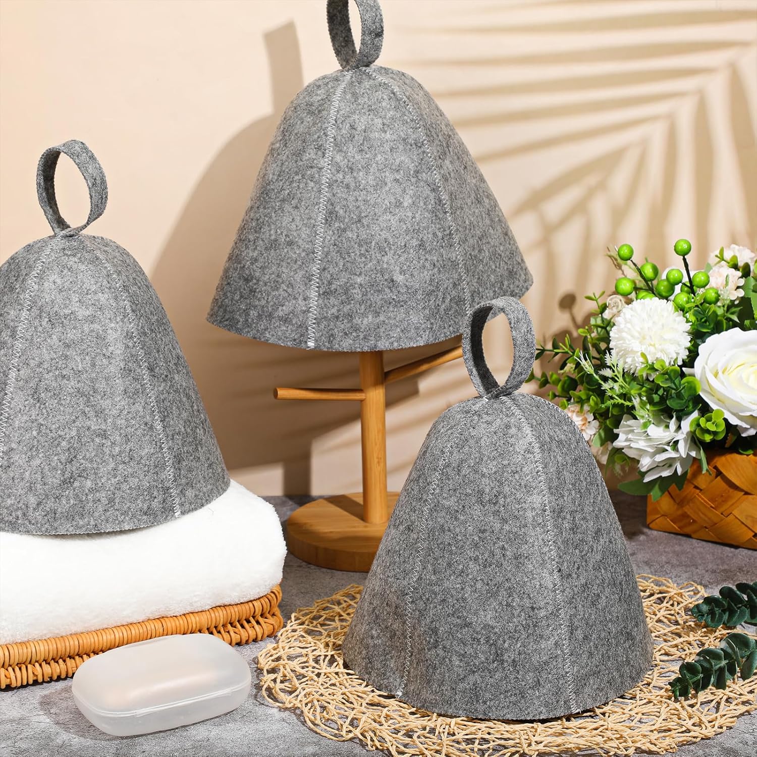 Jiuguva Sombreros de sauna de lana, sombrero ruso para sauna, sombreros de sauna para mujeres, accesorios de ducha de sauna (gris, 12 piezas)