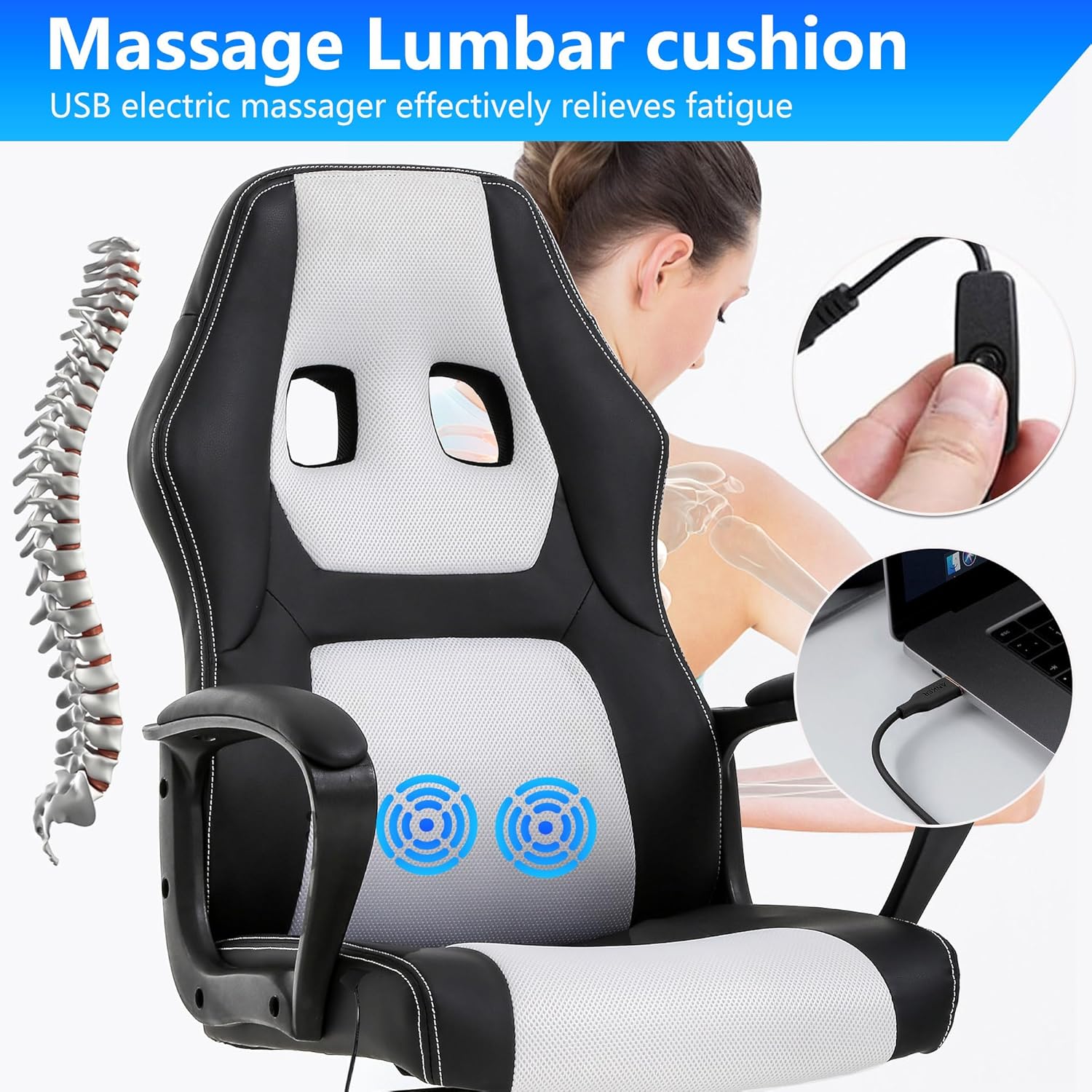PayLessHere Silla de oficina para videojuegos, soporte ajustable ergonómico de piel sintética, silla de masaje lumbar para carreras, reposacabezas y