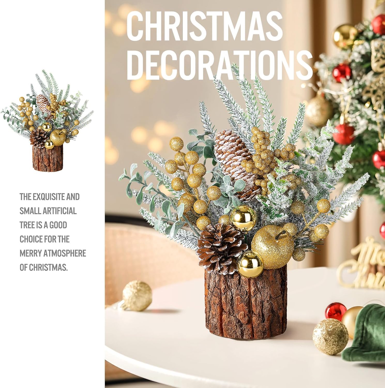 Hatisan Árbol de Navidad pequeño de mesa con adornos, piñas de pino, bayas – redondo dorado