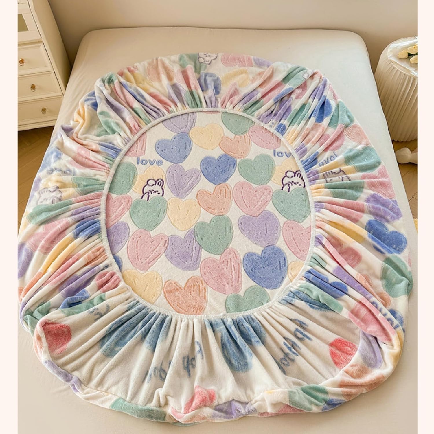 Sábana bajera ajustable tamaño Queen, funda de colchón de dibujos animados, sábana de cama de felpa, cálida y elástica para invierno, para niños,