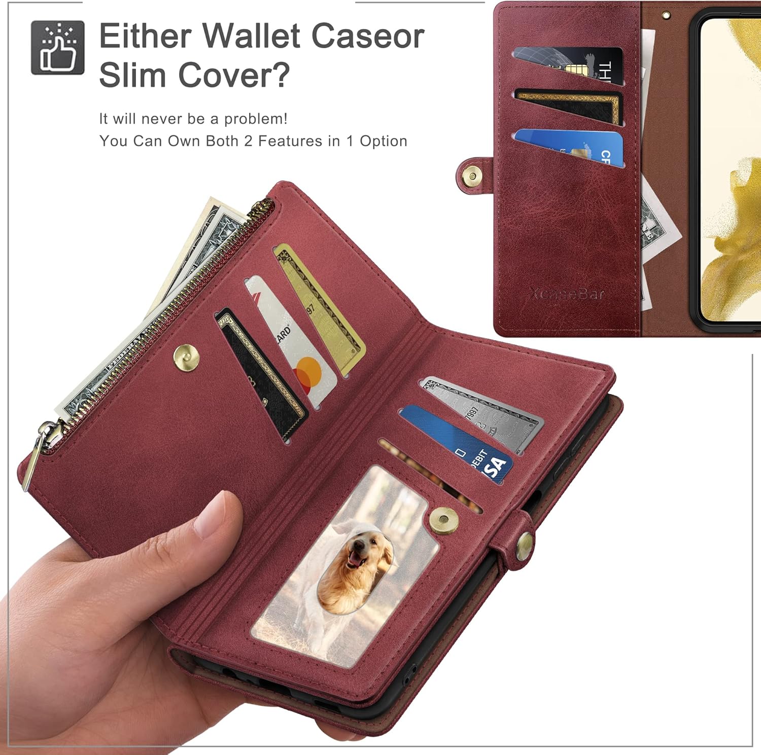 XcaseBar Funda tipo cartera para Samsung Galaxy Note 9 con cremallera Bloqueo RFID Titular de la tarjeta de crédito, Libro de folio con tapa PU