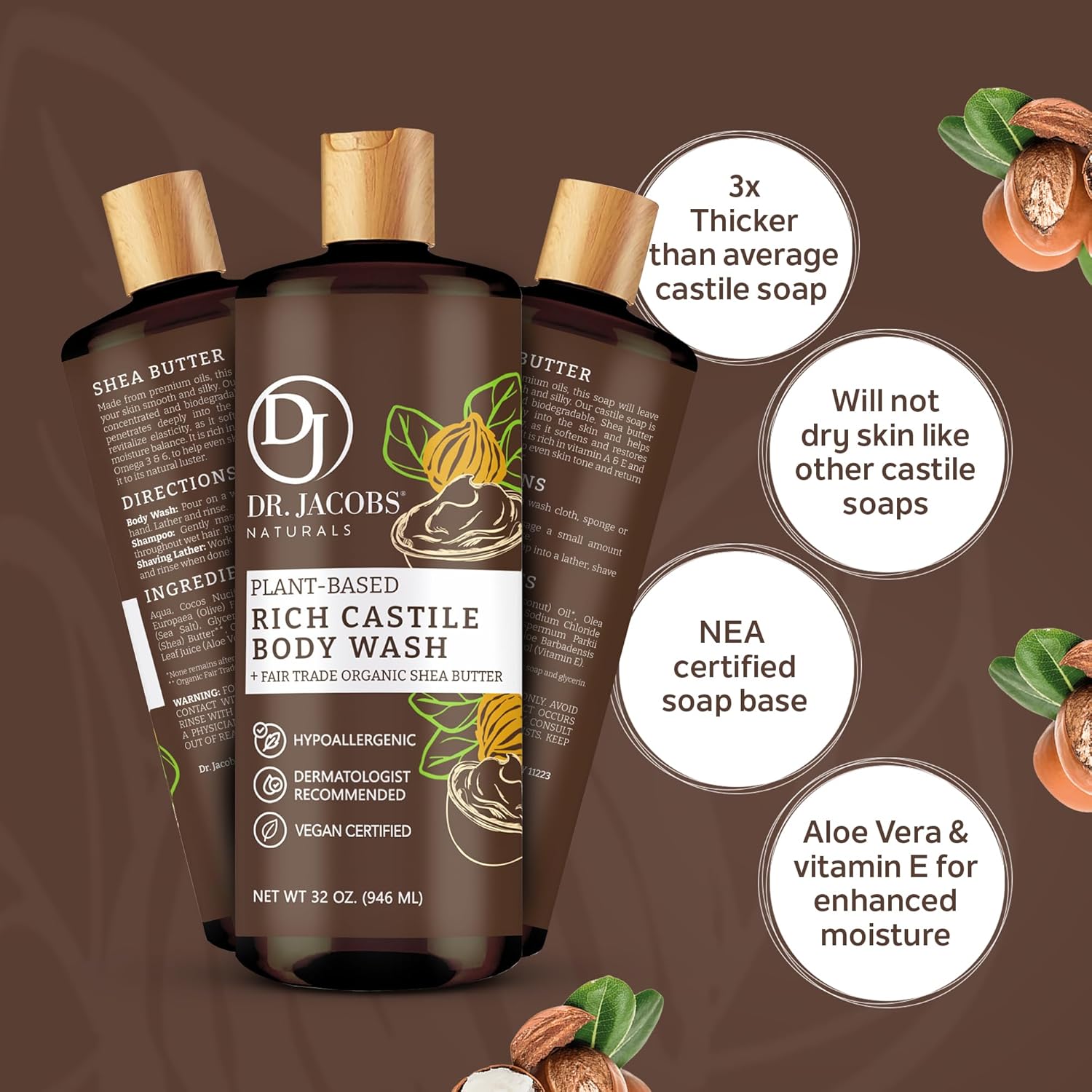 DR.JACOBS NATURALS Jabón corporal de manteca de karité de Castilla totalmente natural con ingredientes a base de plantas, suave y eficaz, sin