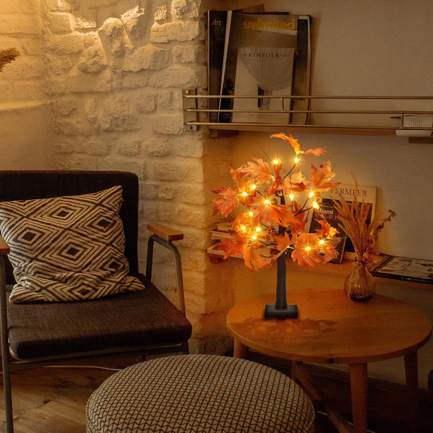 Árbol de arce iluminado de 22 pulgadas, decoración de árbol de Acción de Gracias con 6 bellotas y calabazas y piñas, decoración de otoño con 18