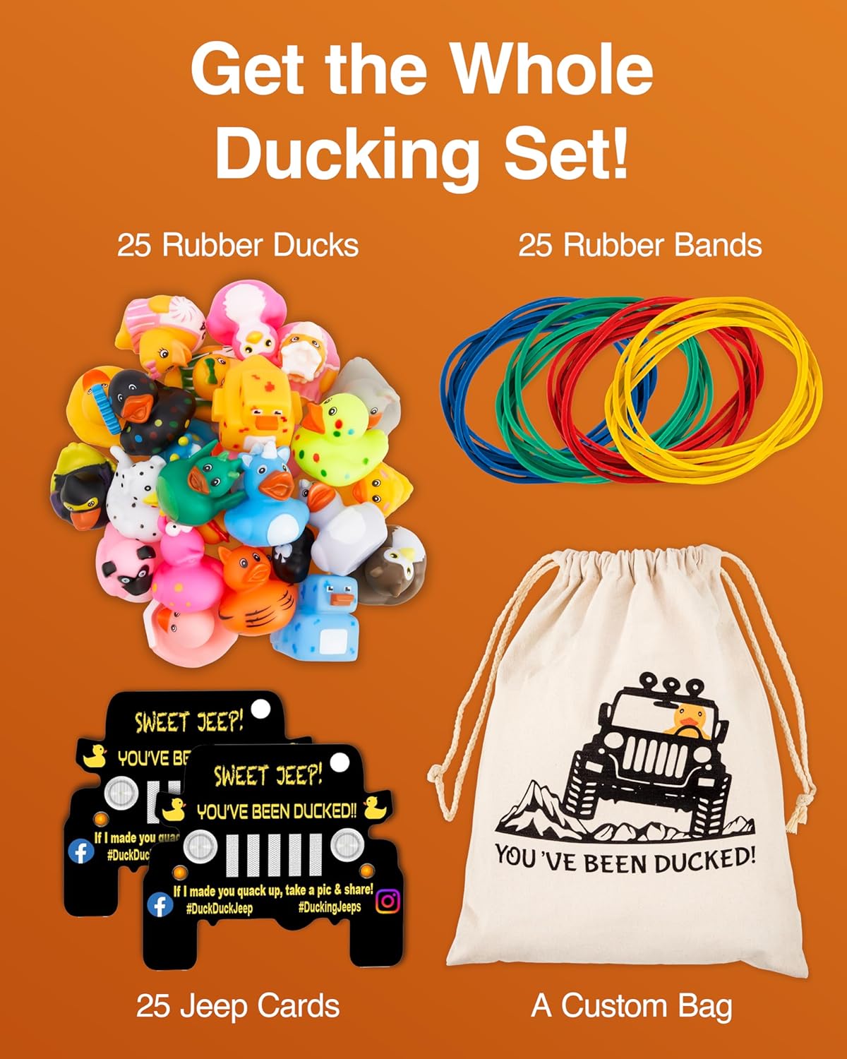 Kit de 76 piezas que incluye patos de goma, bolsa de pato para Jeep, tarjetas de ducking Jeep y bandas de goma, además de la aplicación móvil