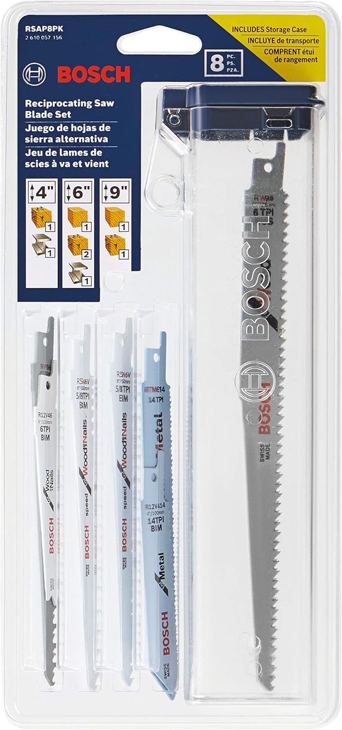BOSCH RSAP8PK – Juego surtido de 8 hojas de sierra recíproca multiusos, ideal para aplicaciones en madera, madera con clavos, metal, paneles de