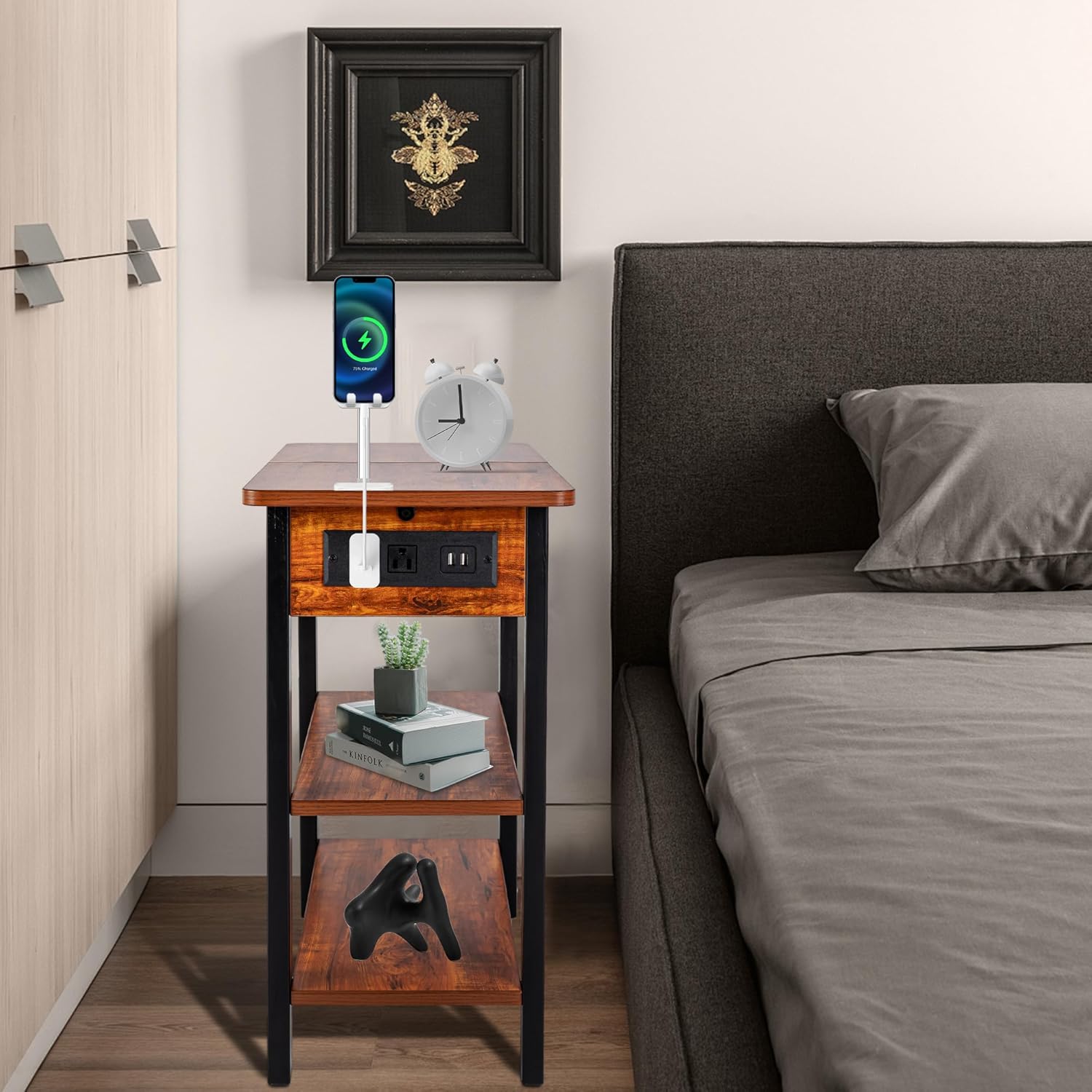 Mesa auxiliar con estación de carga, mesa auxiliar estrecha abatible con puertos USB y tomas, mesita de noche con almacenamiento para espacios