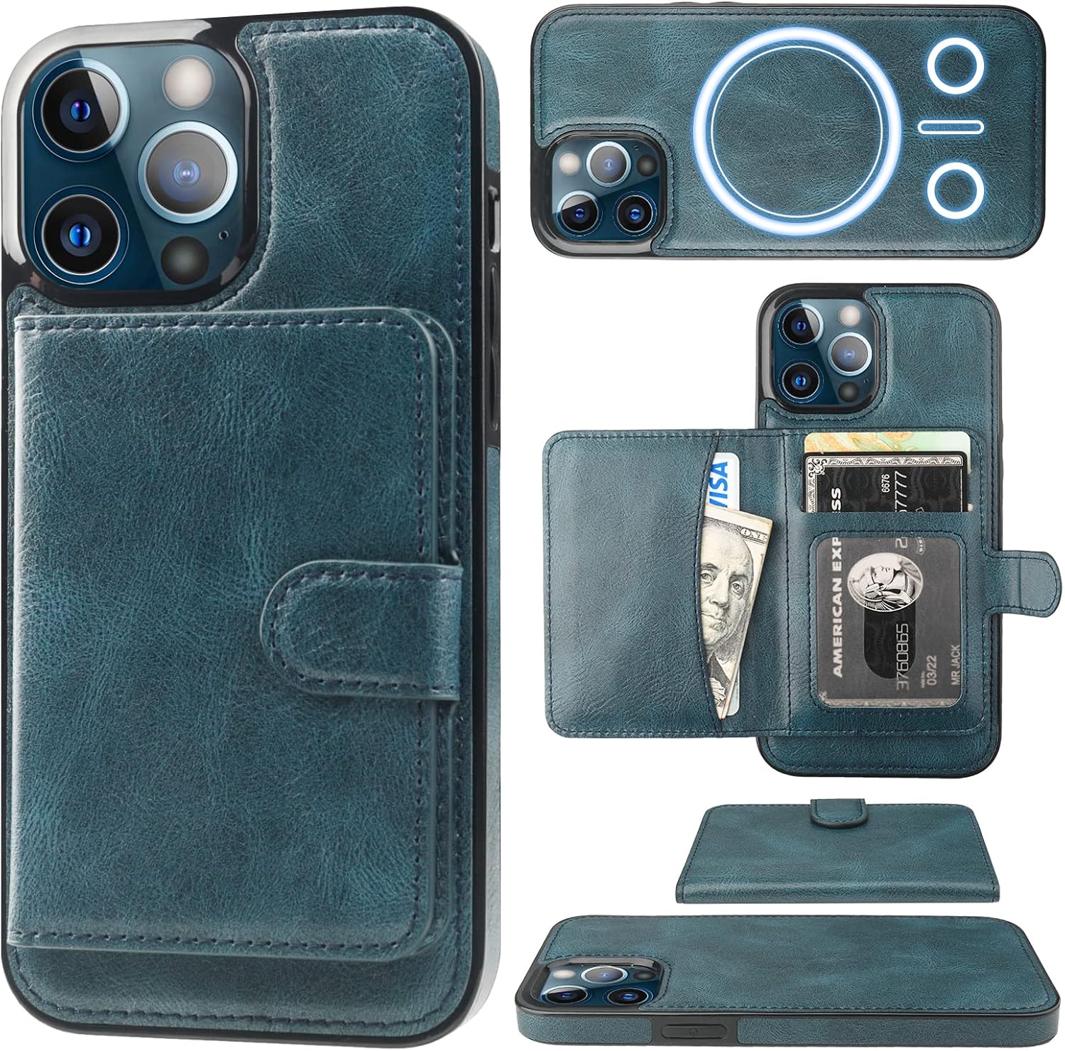 Bocasal Funda tipo cartera para iPhone 13 Pro Max compatible con MagSafe magnético RFID bloqueo desmontable de piel sintética de alta calidad con