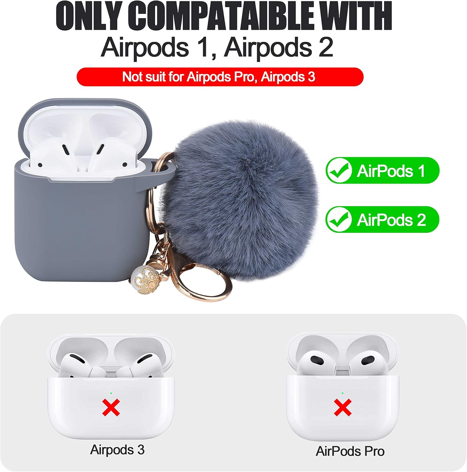 Funda azul de Alaska para mujer, bonita funda diseñada para AirPods con pompones, funda protectora de silicona compatible con AirPods 12, accesorios