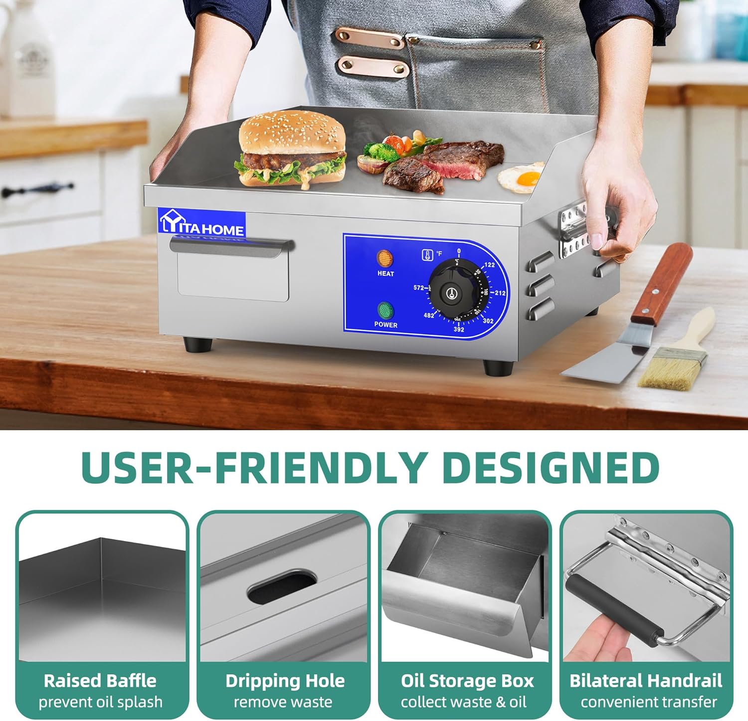 YITAHOME Plancha eléctrica comercial de 14 pulgadas con mango de resorte, plancha comercial de 1500 W, parrilla Teppanyaki comercial antiadherente