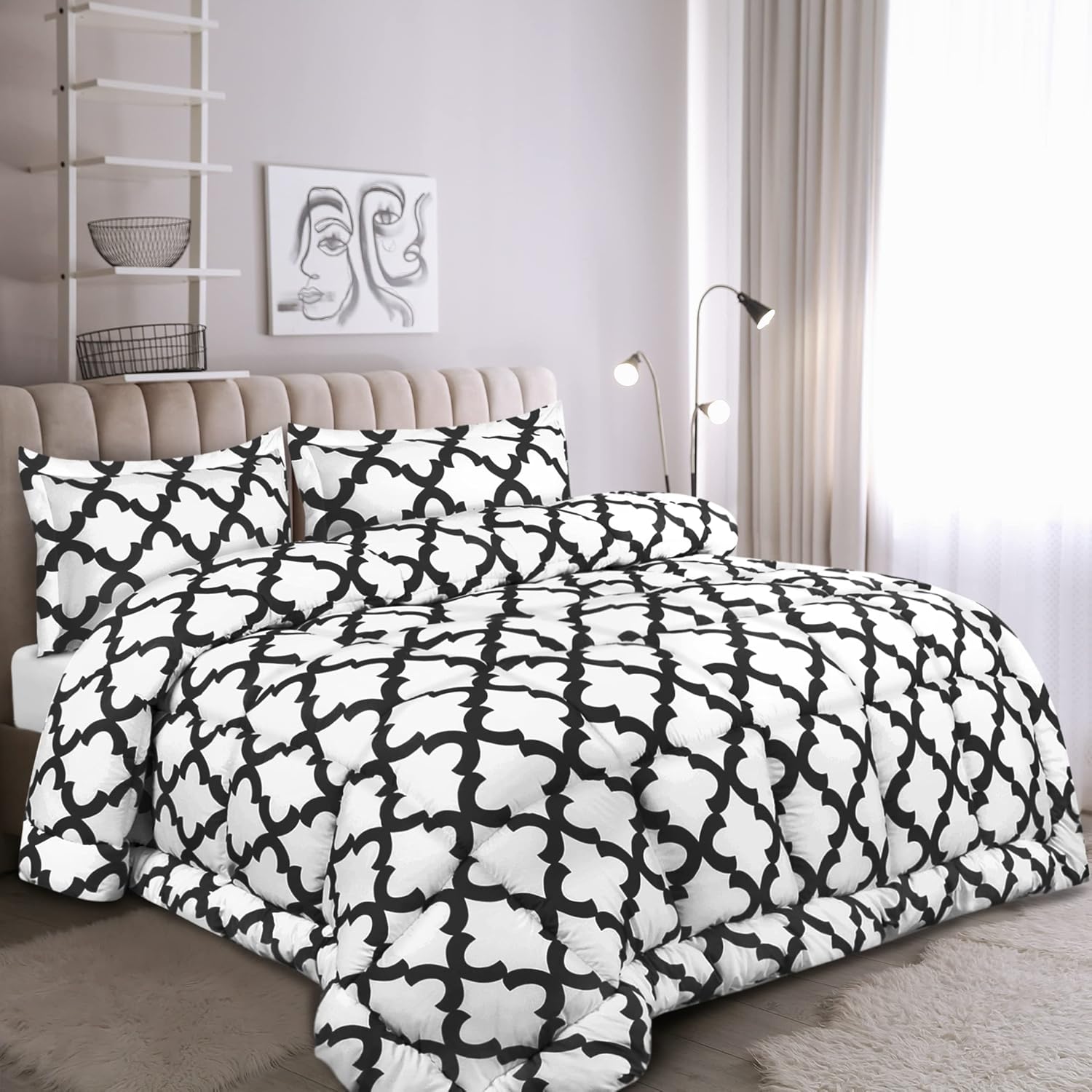 Utopia Bedding – Juego de edredón estampado (Blanco, negro, Queen) con 2 fundas de almohada – Lujosa microfibra cepillada – Edredón alternativo al
