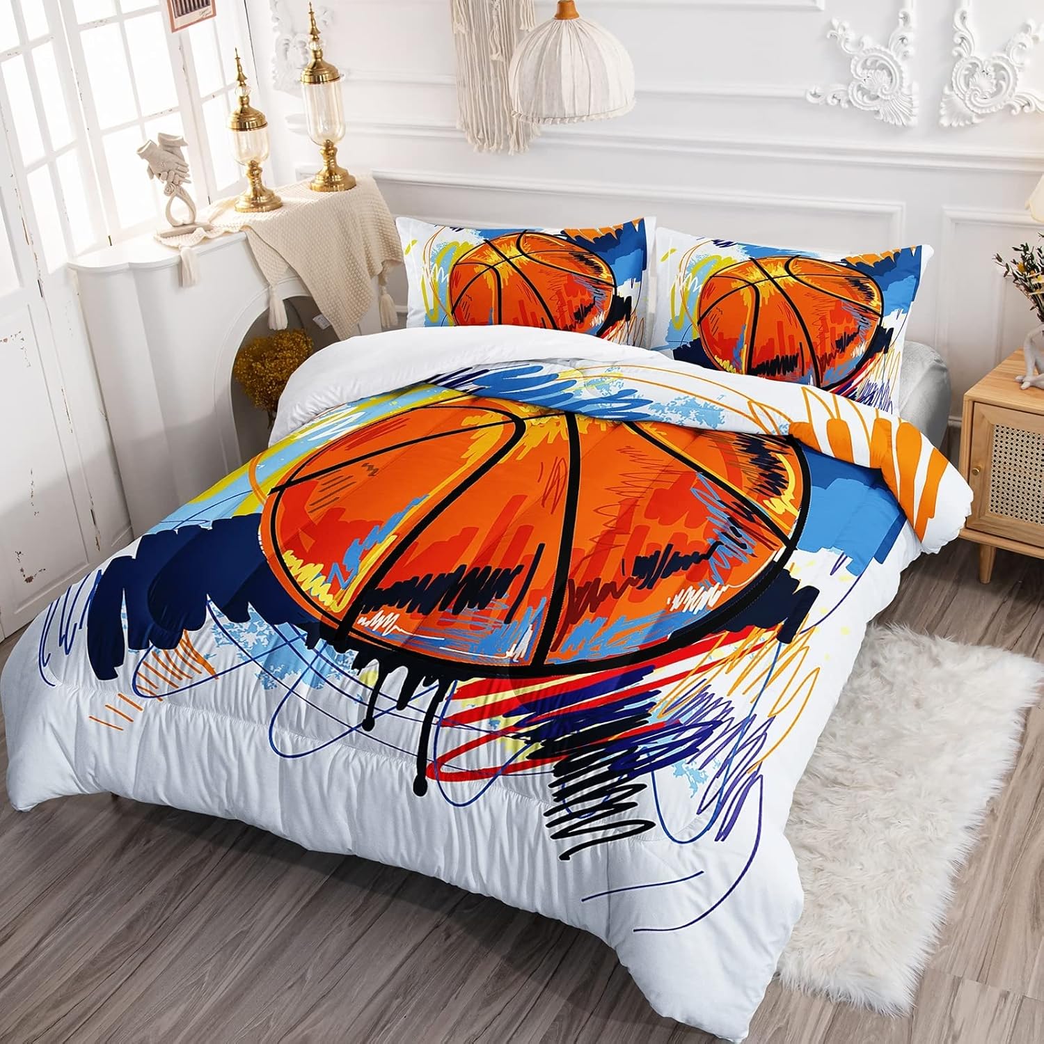 Juego de edredón de baloncesto para niños, juego de ropa de cama deportiva tamaño individual para niños y adolescentes, diseño de edredón de estilo
