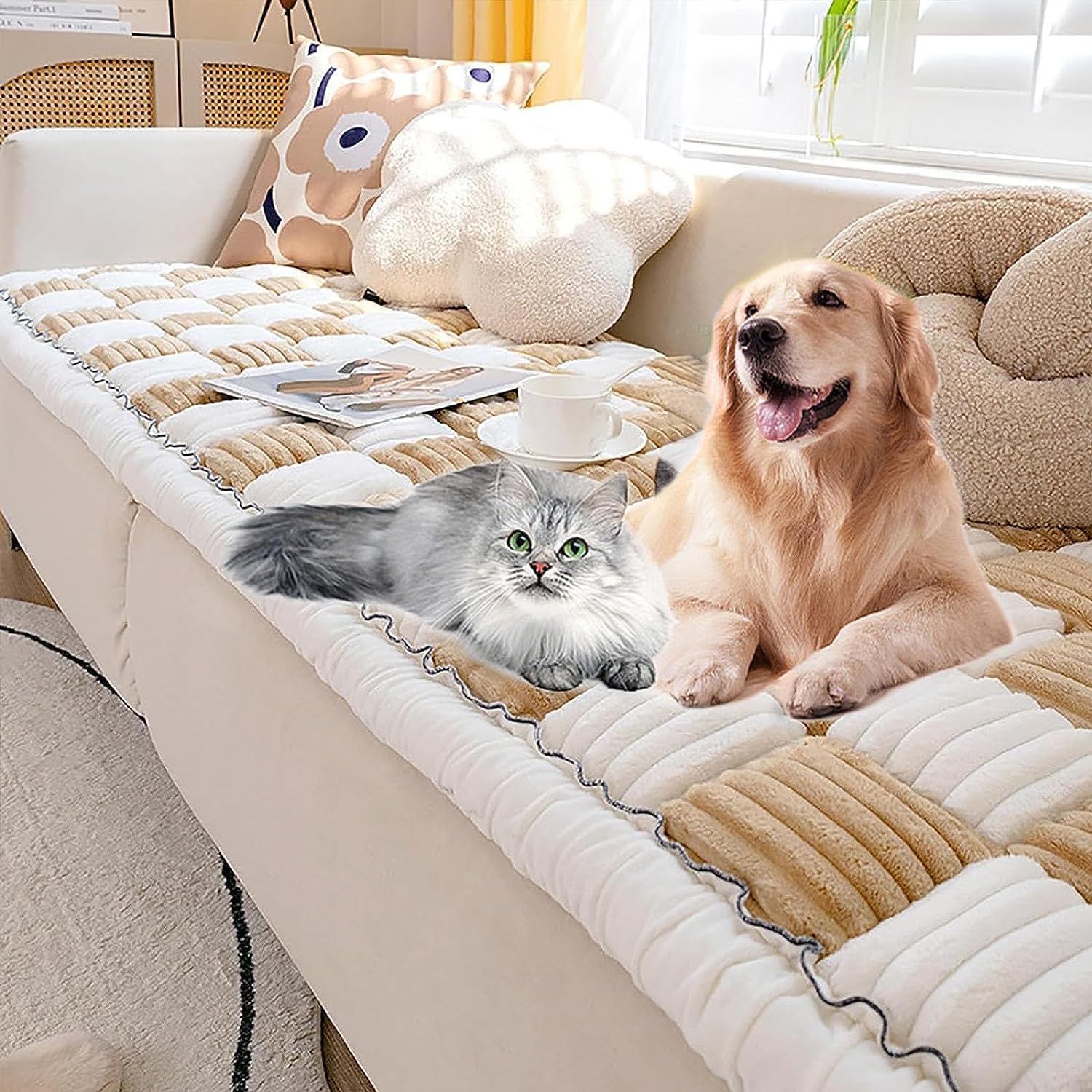 Divertida funda de sofá mullida, funda de sofá cuadrada de color crema a cuadros grandes para mascotas, divertida funda mullida para sofá para