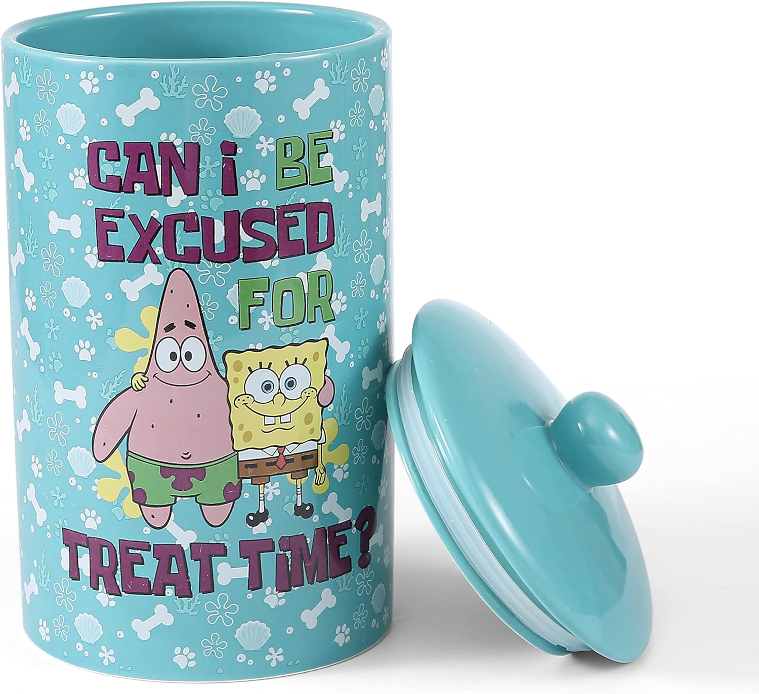 Can I Be Excused for Treat Time FF16929 – Tarro de cerámica para perros de 10 x 5 pulgadas con tapa, apto para lavavajillas, Bob Esponja, cilindro