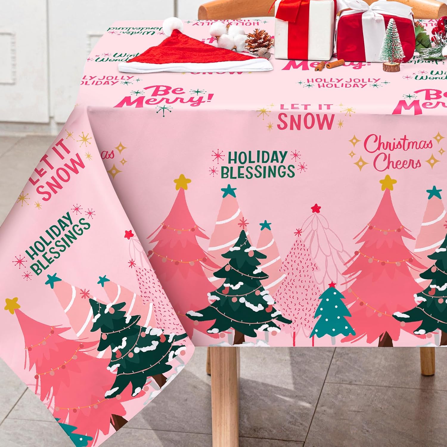 AnyDesign – Mantel rectangular de Navidad rosa con árboles de Navidad, mantel lavable para vacaciones de invierno, picnic, comedor, 60 x 104 pulgadas