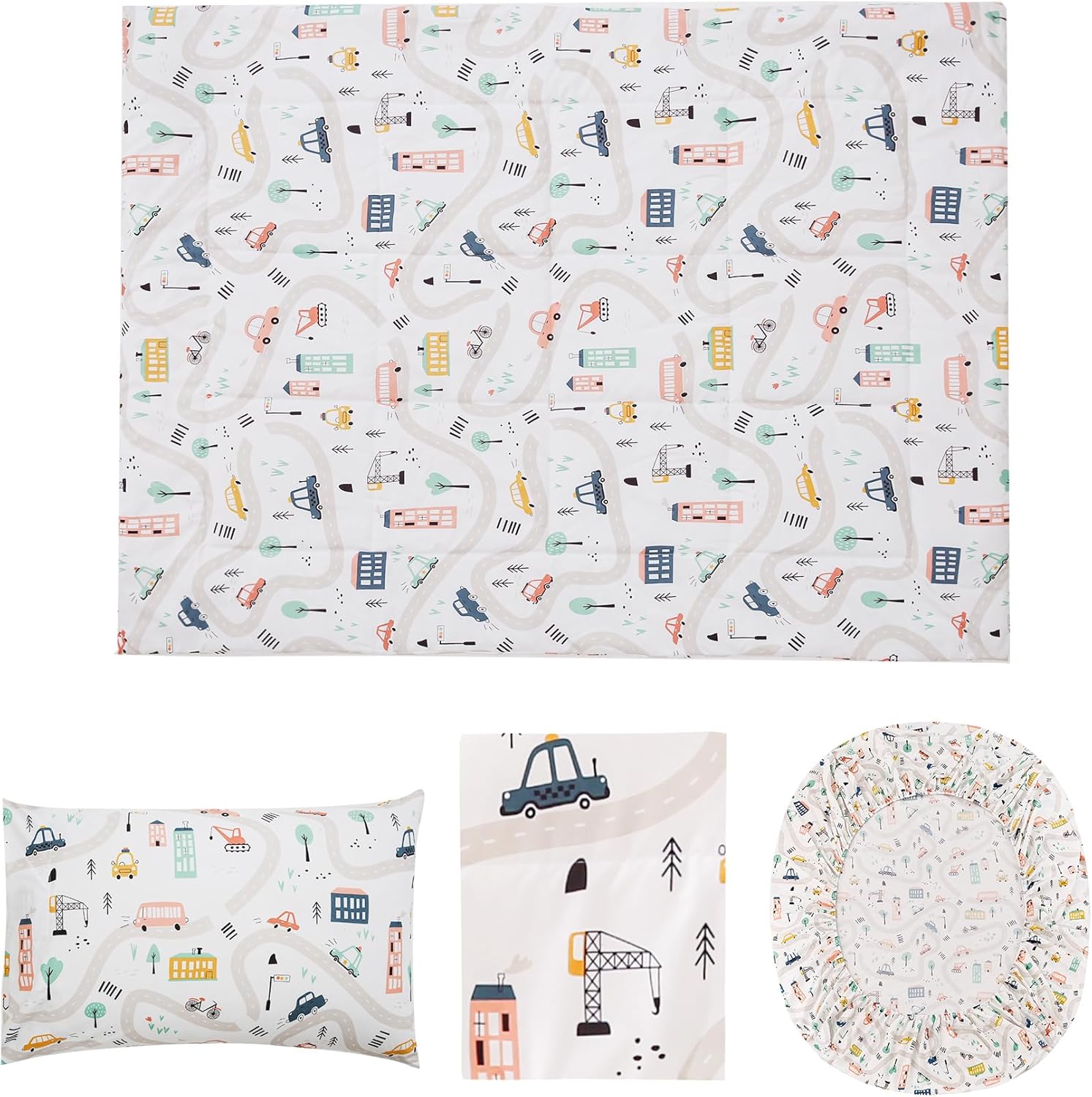 JSD Juego de ropa de cama de 4 piezas con estampado de coches para niños y niñas, incluye sábana encimera, sábana bajera, edredón acolchado y funda