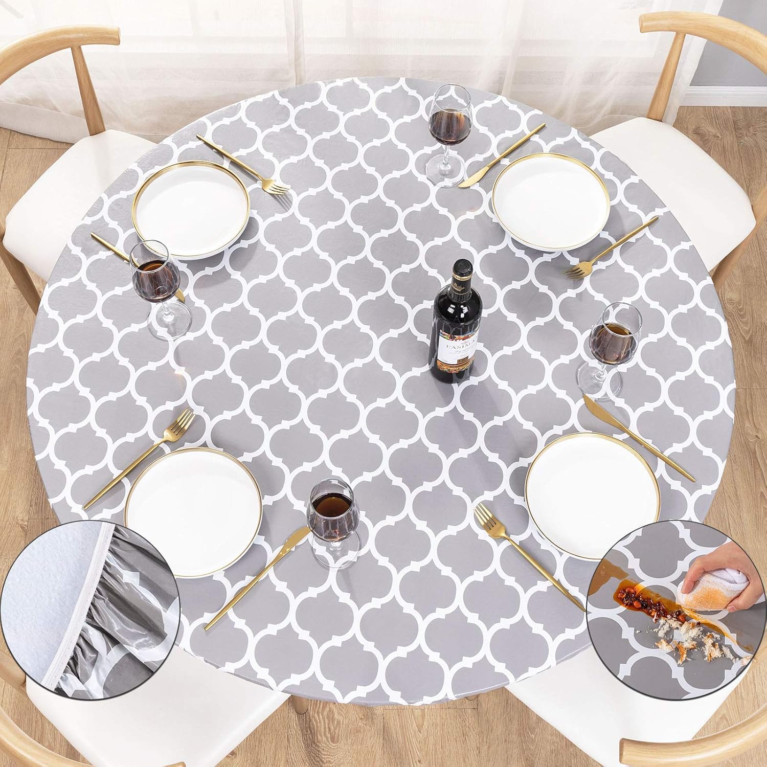 UMINEUX Mantel redondo de vinilo ajustable con bordes elásticos y reverso de franela, funda de mesa redonda impermeable para uso en interiores y