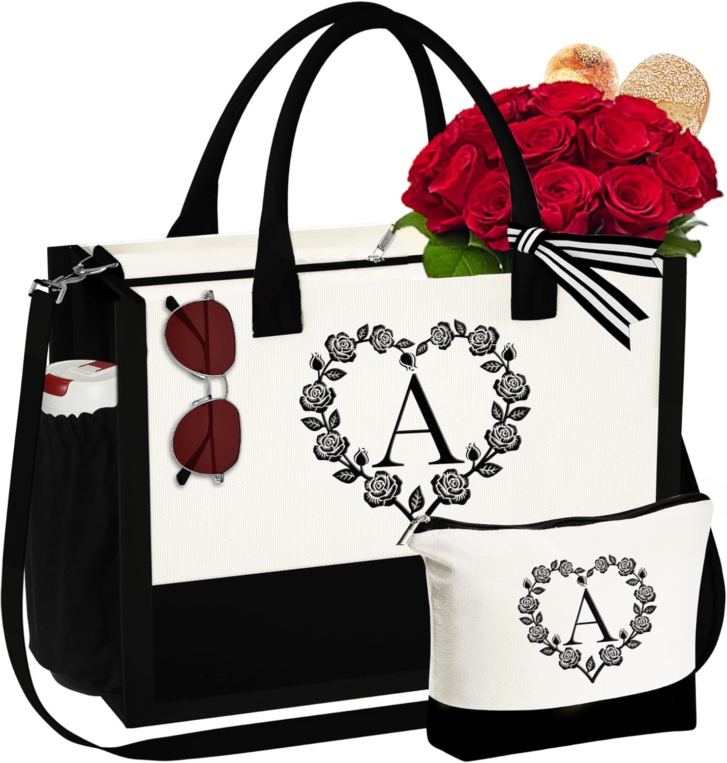 YOOLIFE Regalos para mujeres, regalos para el día de la madre, bolsa de lona con inicial, bolsa de playa y bolsa de maquillaje, regalos de