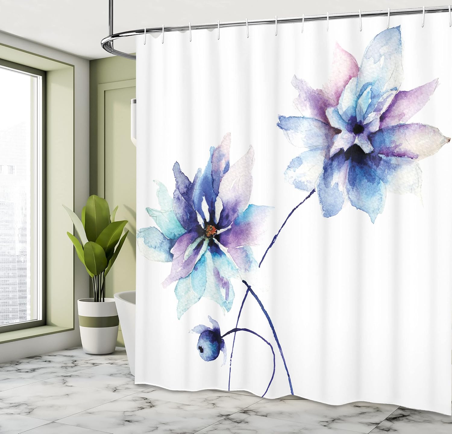Cortina para ducha Ambesonne, de tela de poliéster con colorida estampa de una casa española y flores multicolores en rojo, verde y blanco