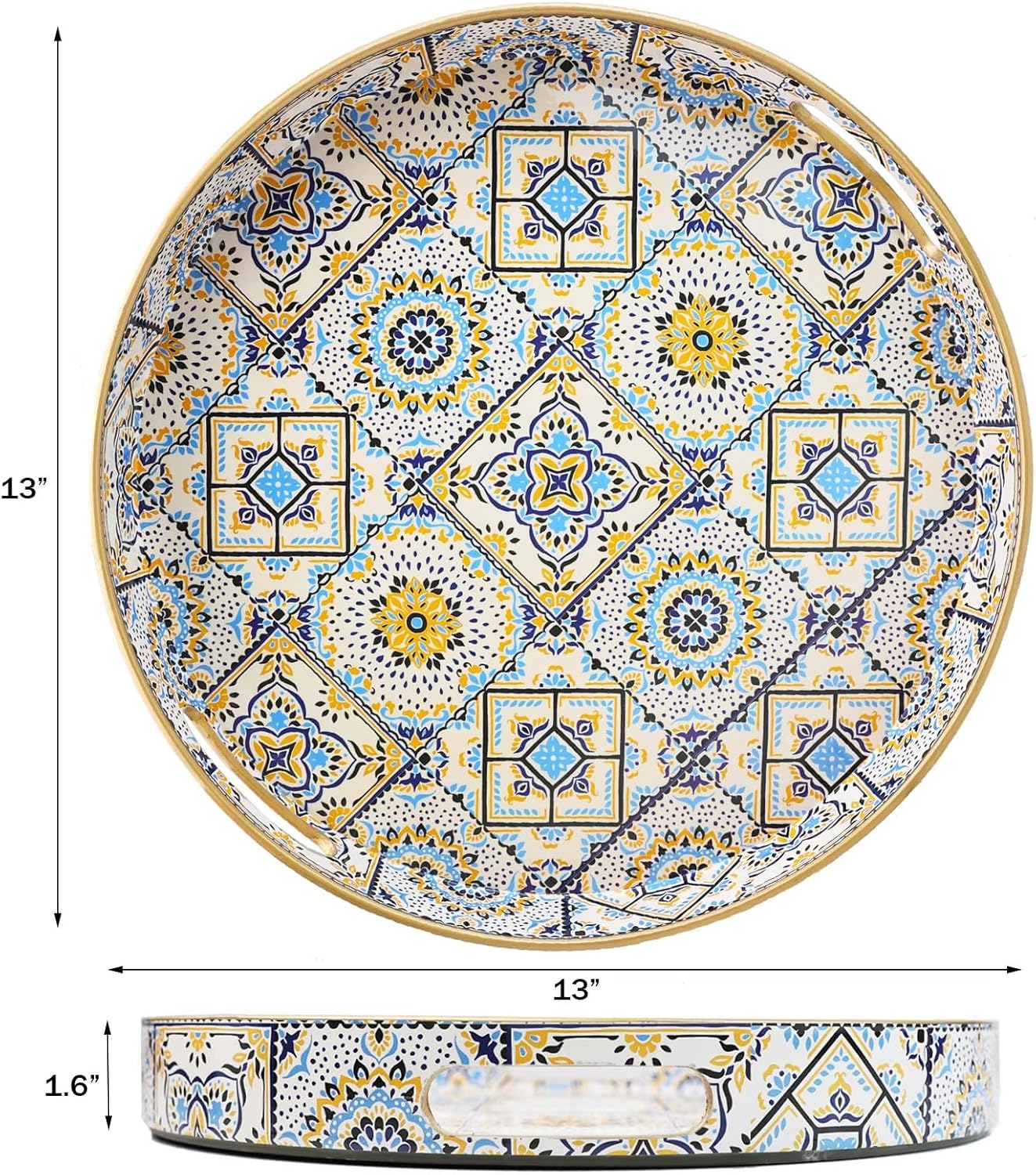 Bandejas redondas de plástico decorativas bohemias de 13 pulgadas con asas para sala de estar, mesa de café, otomana, baño, cocina