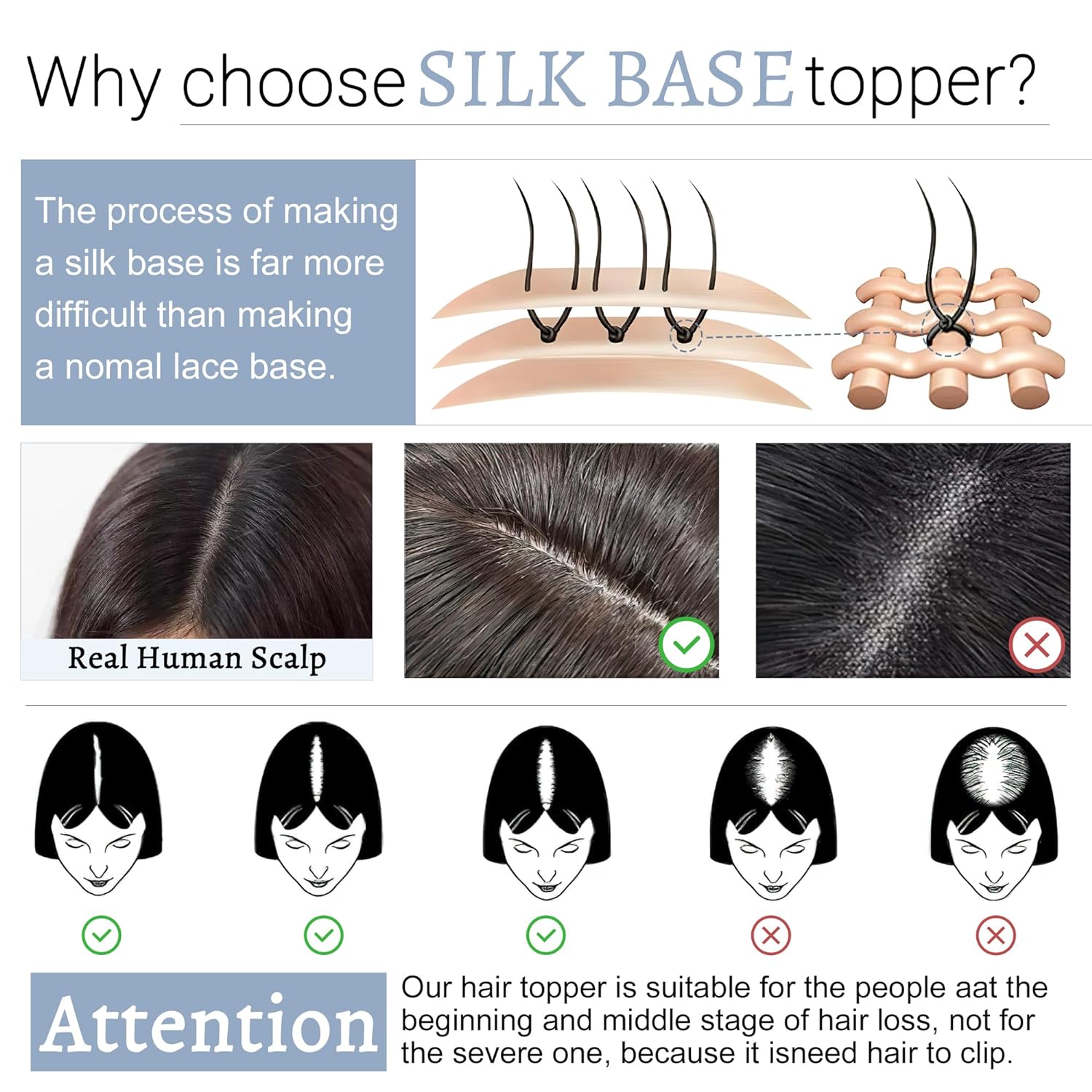 Toppers para el cabello para mujer, cabello humano real con flequillo, 2.8 x 5.1 in, base de seda, clip en la parte superior, pelucas de pelo