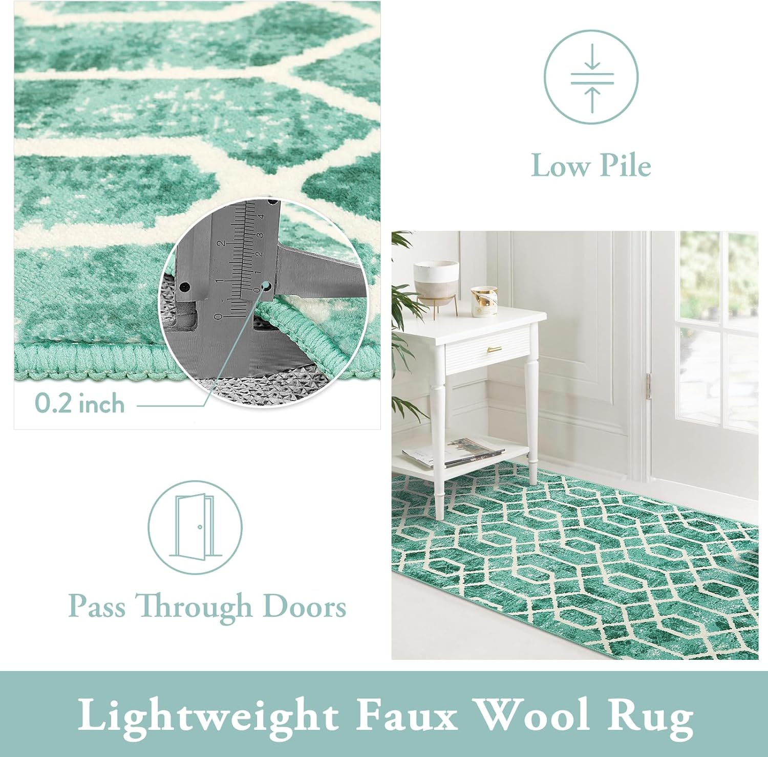 Lahome Alfombra de área lavable para dormitorio, alfombra verde para sala de estar, alfombra de 4 x 6 pies con enrejado geométrico, contemporánea,