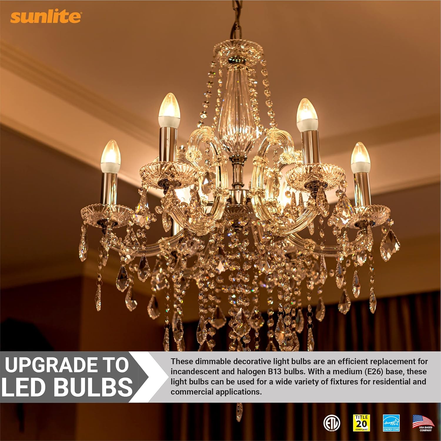 Sunlite 41775 Bombilla LED B13 decorativa para araña, 7 vatios (60 W  ), 500 lúmenes, 120 voltios, regulable, base E26, Energy Star, 90 CRI,