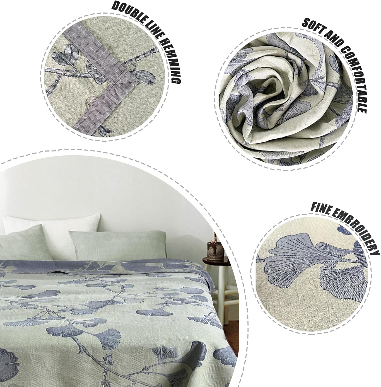 Bifqioy Edredón de hojas de ginkgo tamaño Queen, color verde y gris, reversible, de algodón, para todas las estaciones, manta ligera de muselina