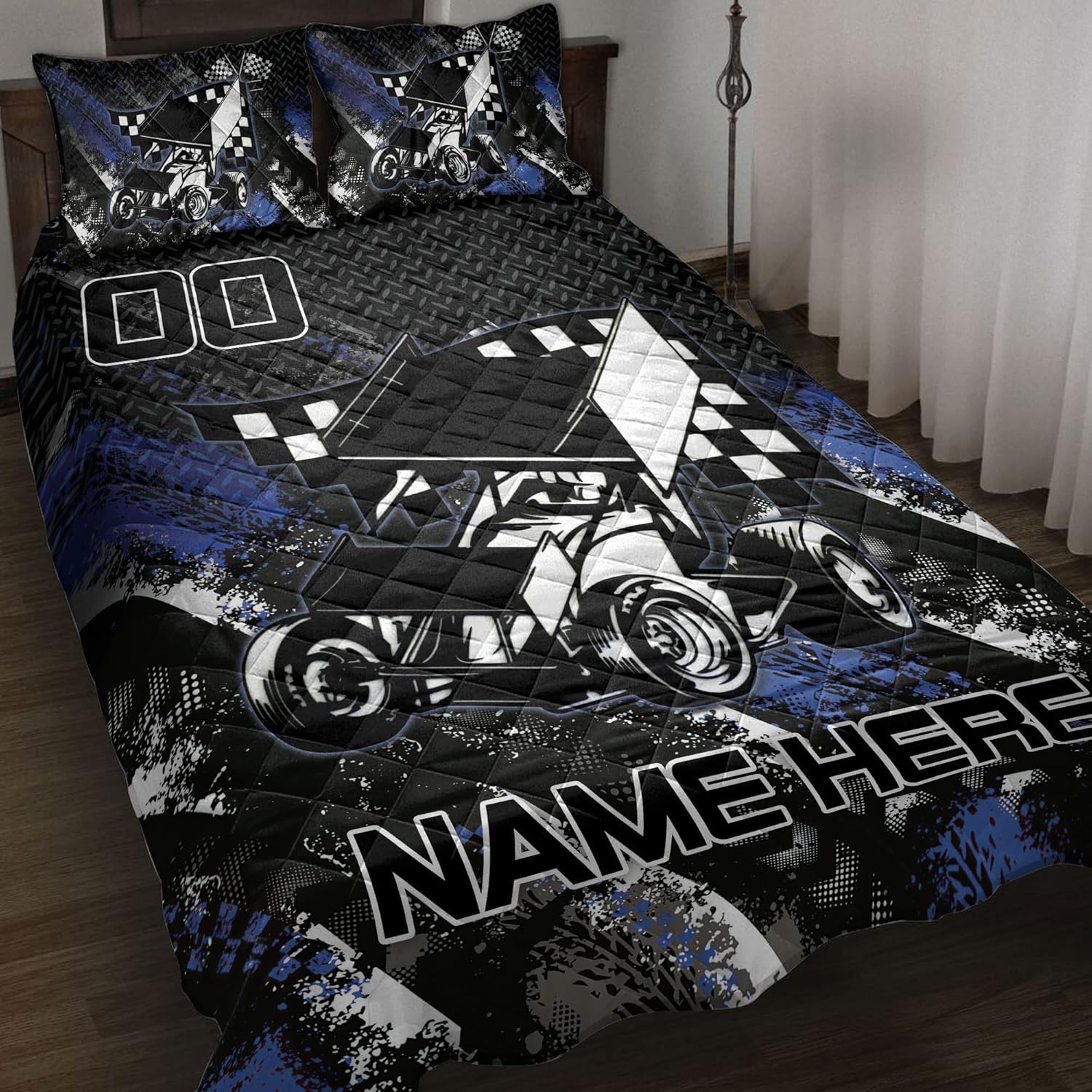OhaPrints Juego de cama personalizado de carreras, manta y fundas de almohada con bandera de carreras de tierra y fundas de almohada, nombre y