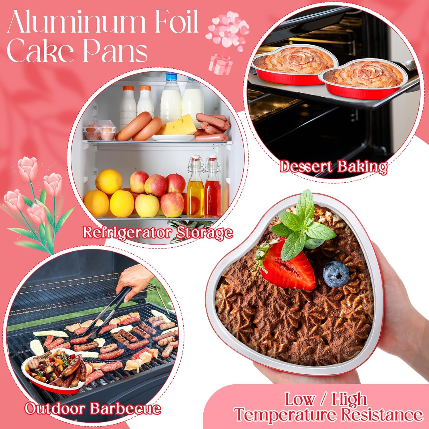 Yinkin 25 moldes de papel de aluminio con forma de corazón de 22 onzas para cupcakes con tapas y cucharas, moldes desechables para tartas, moldes