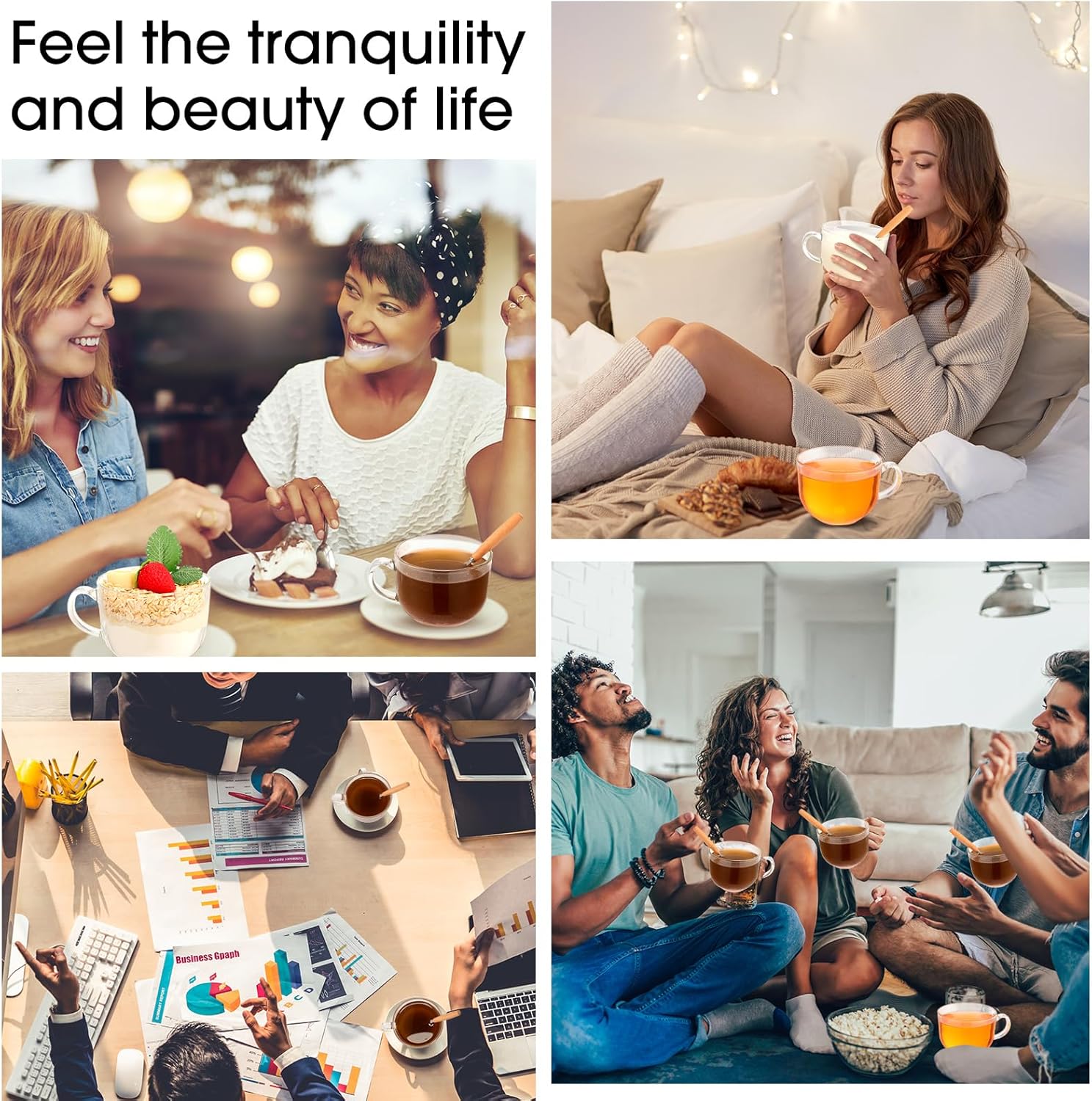 6 juegos de tazas de café de vidrio grandes de otoño de 16 onzas con tapas, tazas de café transparentes y cucharas de acero inoxidable, tazas de