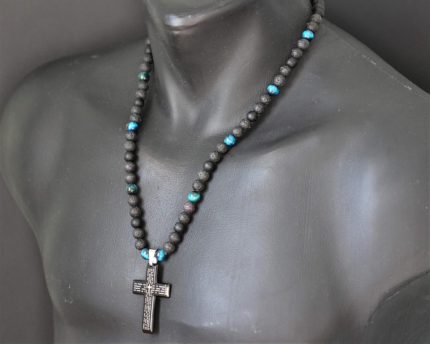 Men’s Cross Necklace Natural Blue Tiger Eye Black Onyx Lava Beaded Long Crystal Protection Healing Gemstone Necklace Christmas Gift For Him
