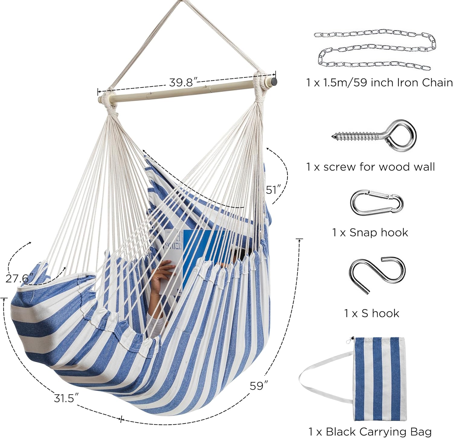 HBlife Hamaca extra de 500 libras, cómoda silla colgante con barra de metal portátil de algodón, columpio para dormitorio, blanco y negro