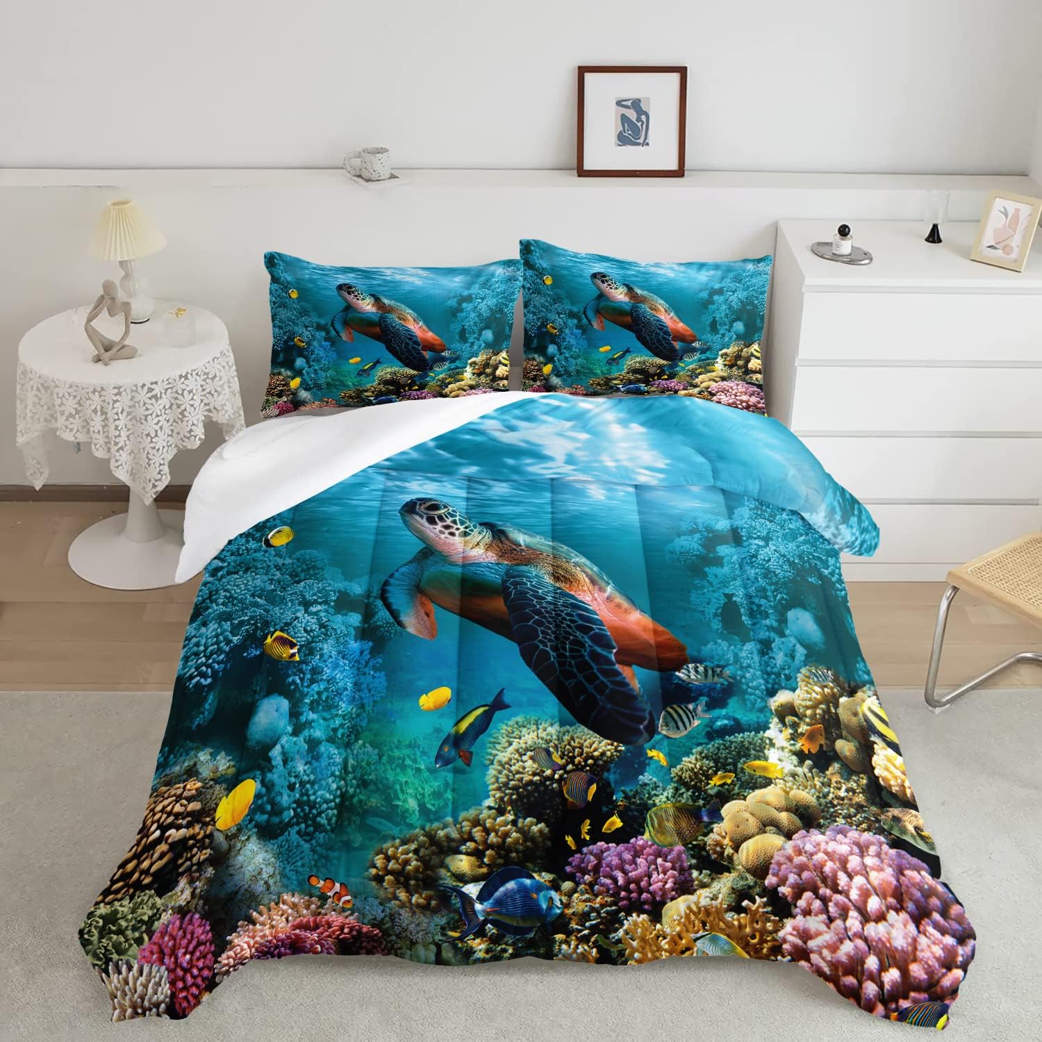 CVHOUSE Juego de ropa de cama de tortuga marina, edredón de tortuga marina, juego de edredón de playa oceánica para niños y niñas, juego de edredón