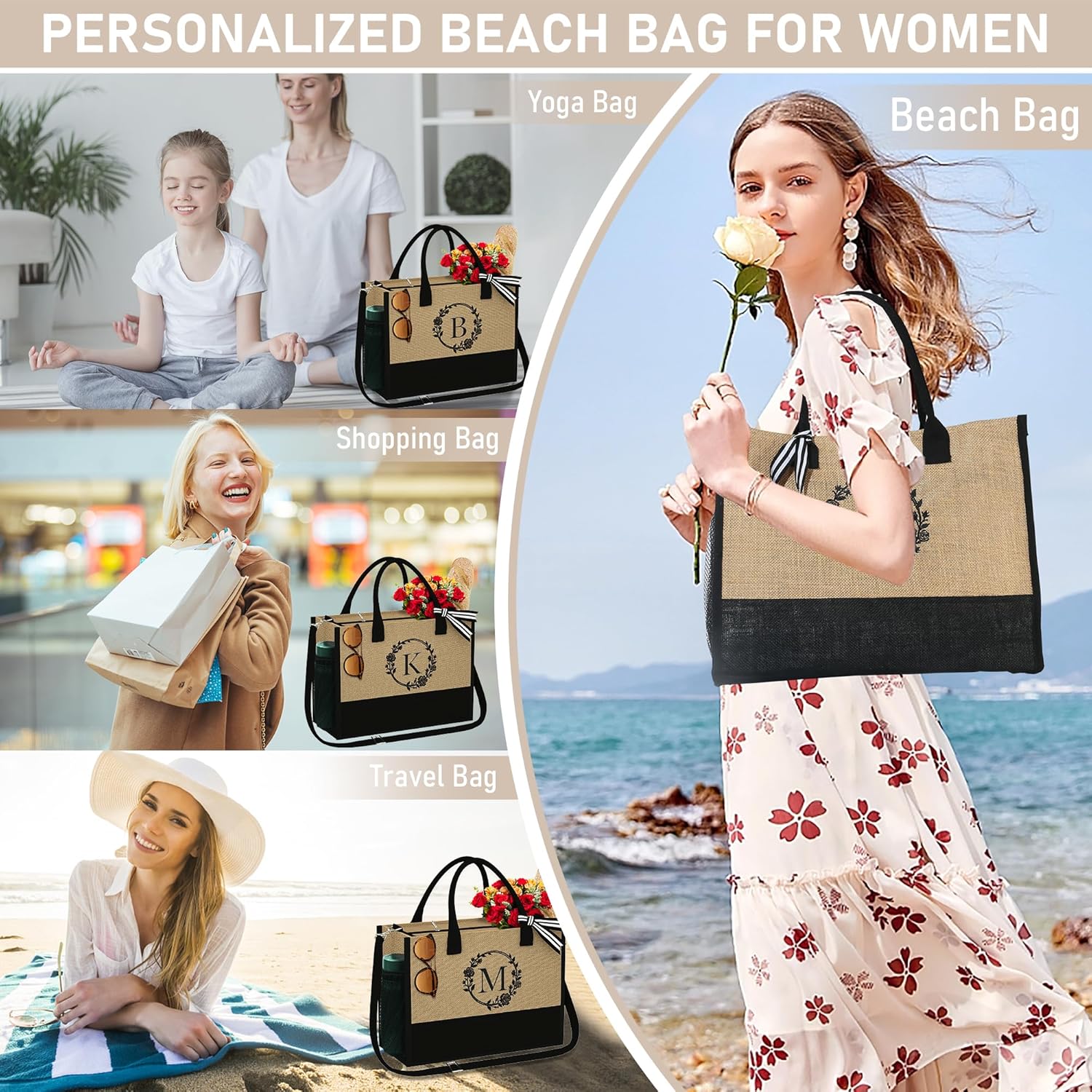 Bolsa de yute con inicial, bolsa de maquillaje con cremallera y correa ajustable, regalos personalizados para mujeres y cumpleaños