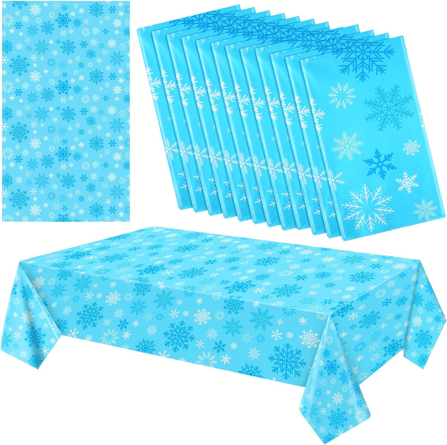 Ganeen 12 manteles desechables de plástico de invierno con copos de nieve azules y copos de nieve, mantel rectangular de 54 x 108 pulgadas para