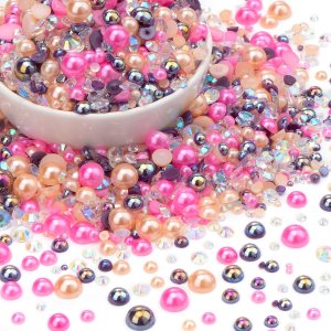 Juego de 2500 piezas de diamantes de imitación de perlas mixtas, perlas semicirculares rosas + diamantes de imitación de parte trasera plana de Juego de 2500 piezas de diamantes de imitación de perlas mixtas, perlas semicirculares rosas + diamantes de imitación de parte trasera plana de